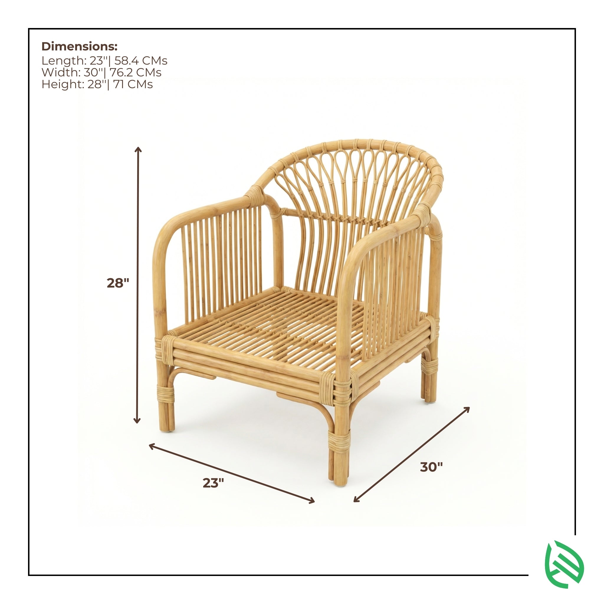 Wicker armchair with dimensions labeled on a white background