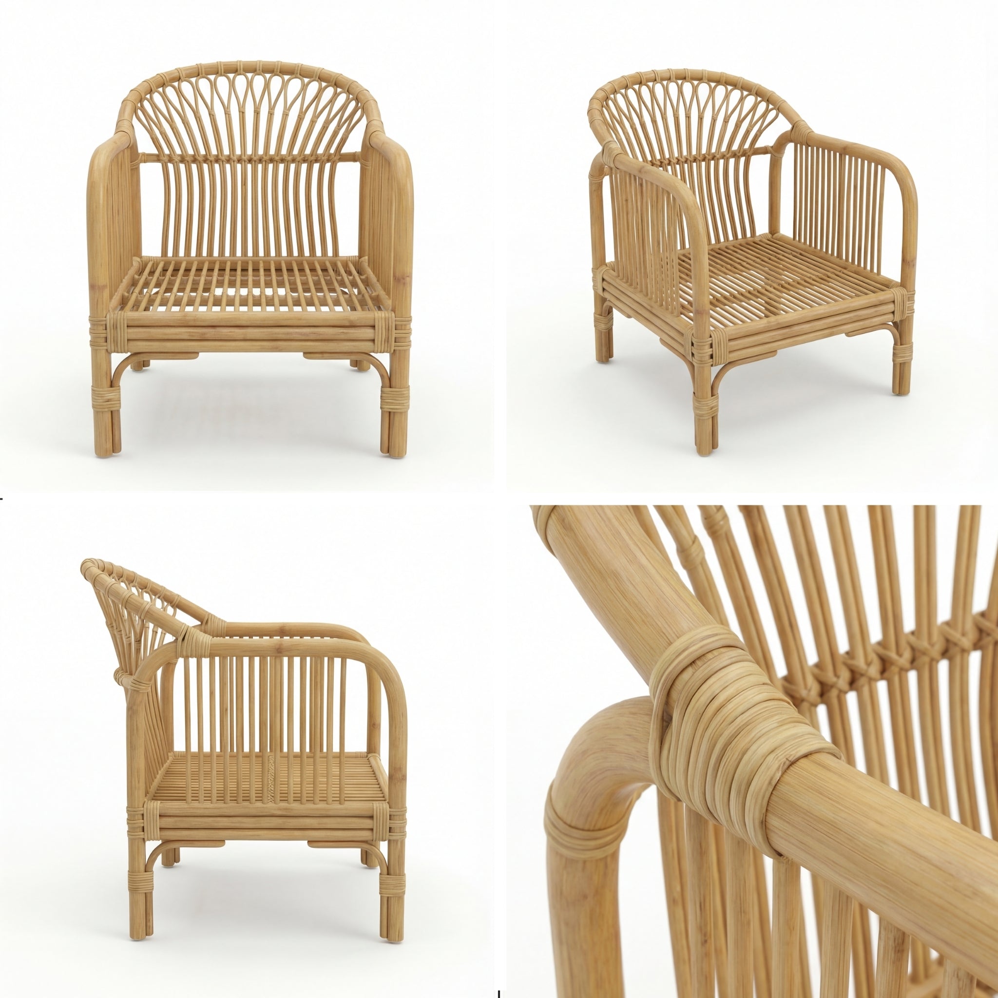 Wicker chair shown from multiple angles on a white background