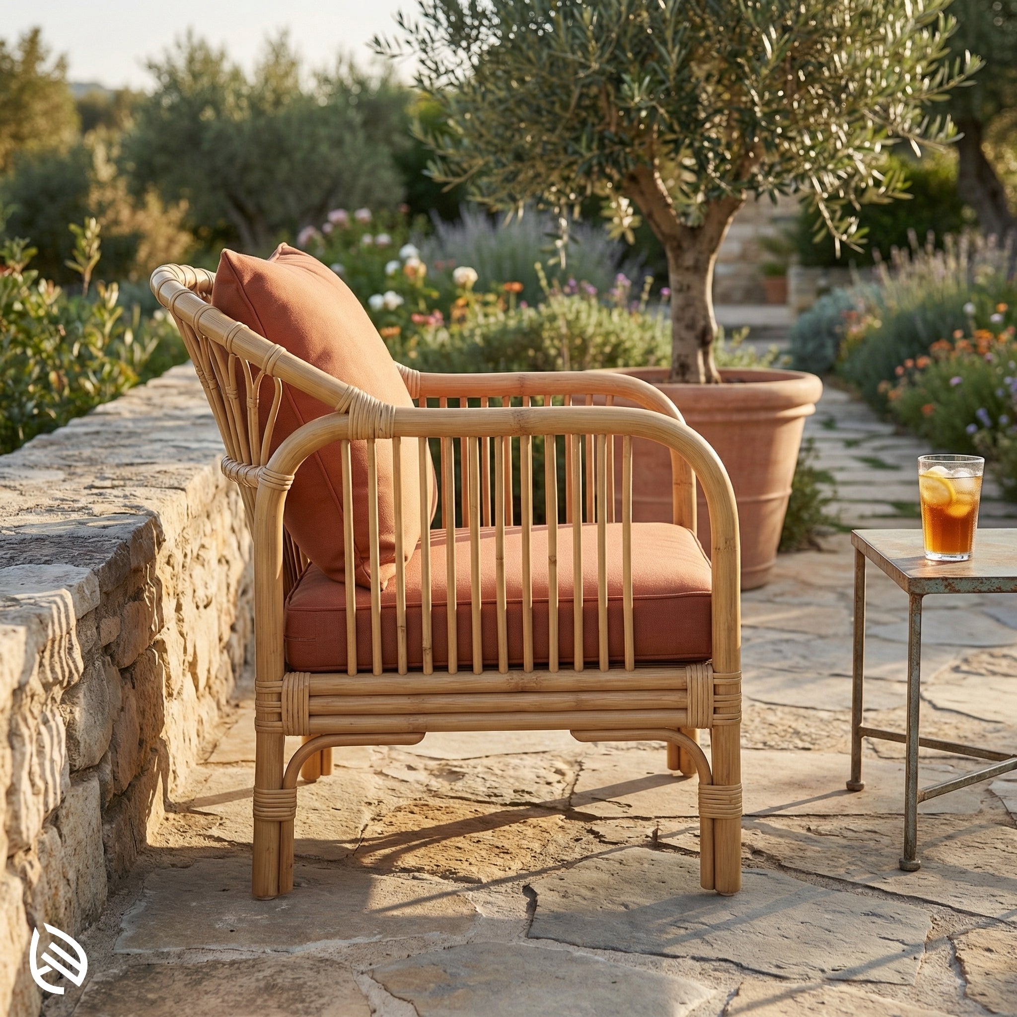 Rattan chair with orange cushions on a stone patio with a garden view