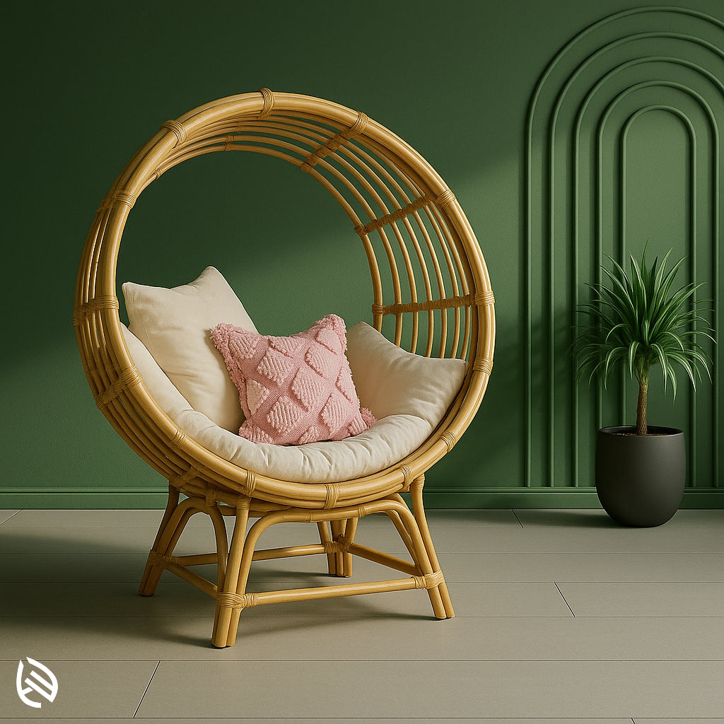 Round rattan pod chair with white cushions and pink throw pillow for bohemian lounging