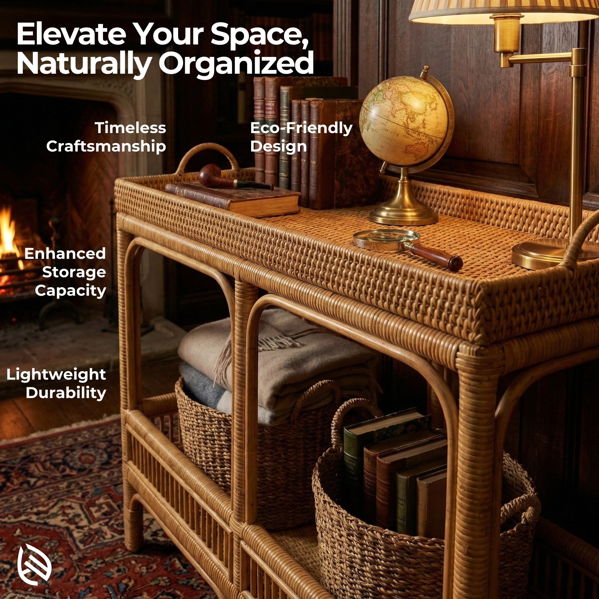 Wicker console table with decorative items in a warm, cozy room.