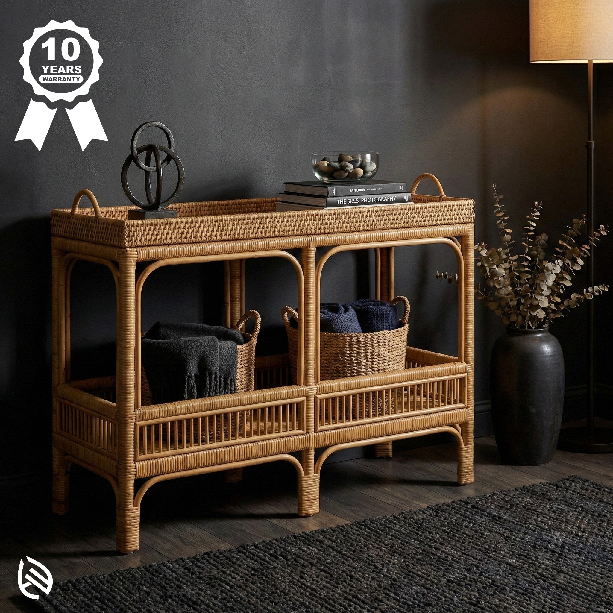 Wicker console table with decorative items in a darkly decorated room.