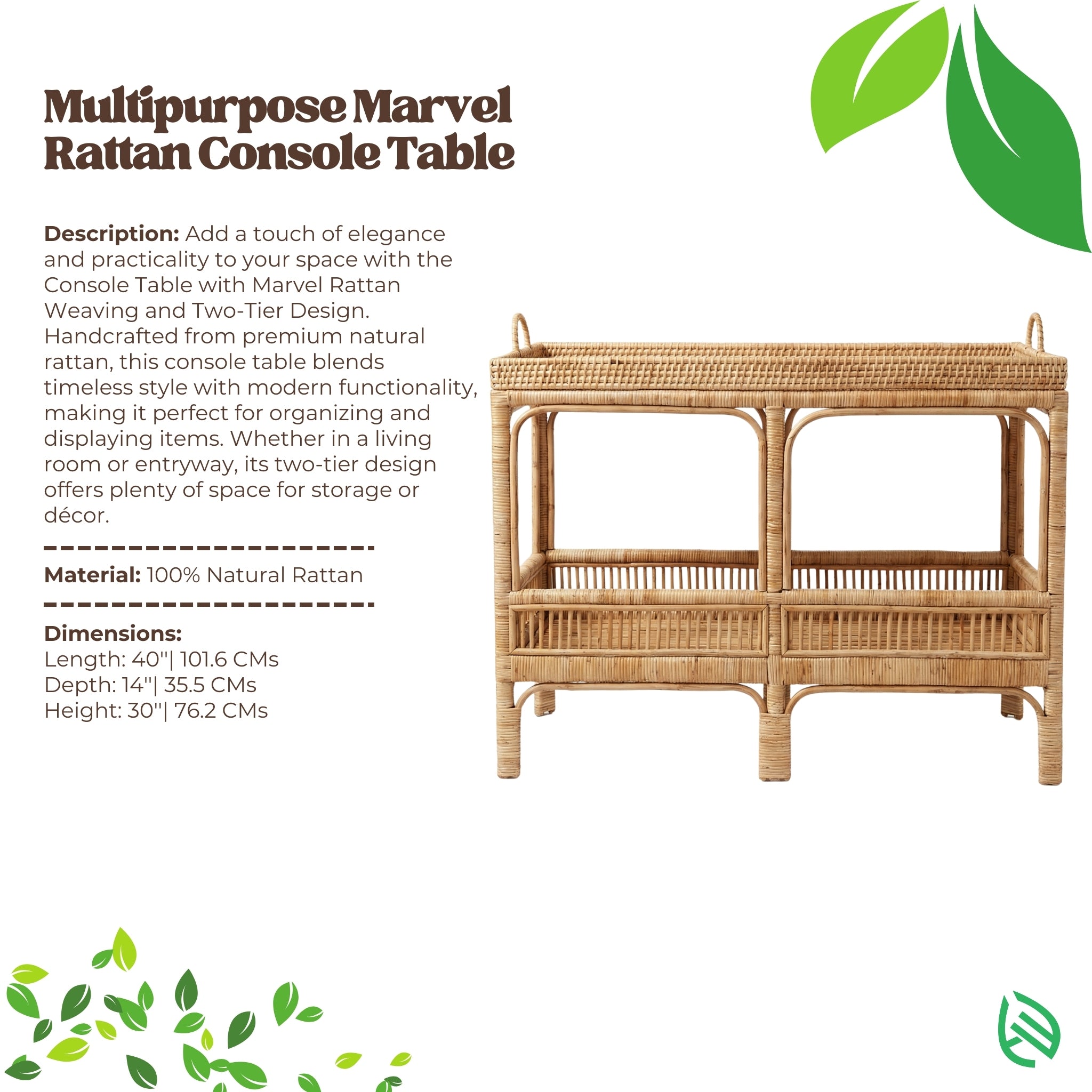 Wicker console table with product details on a white background