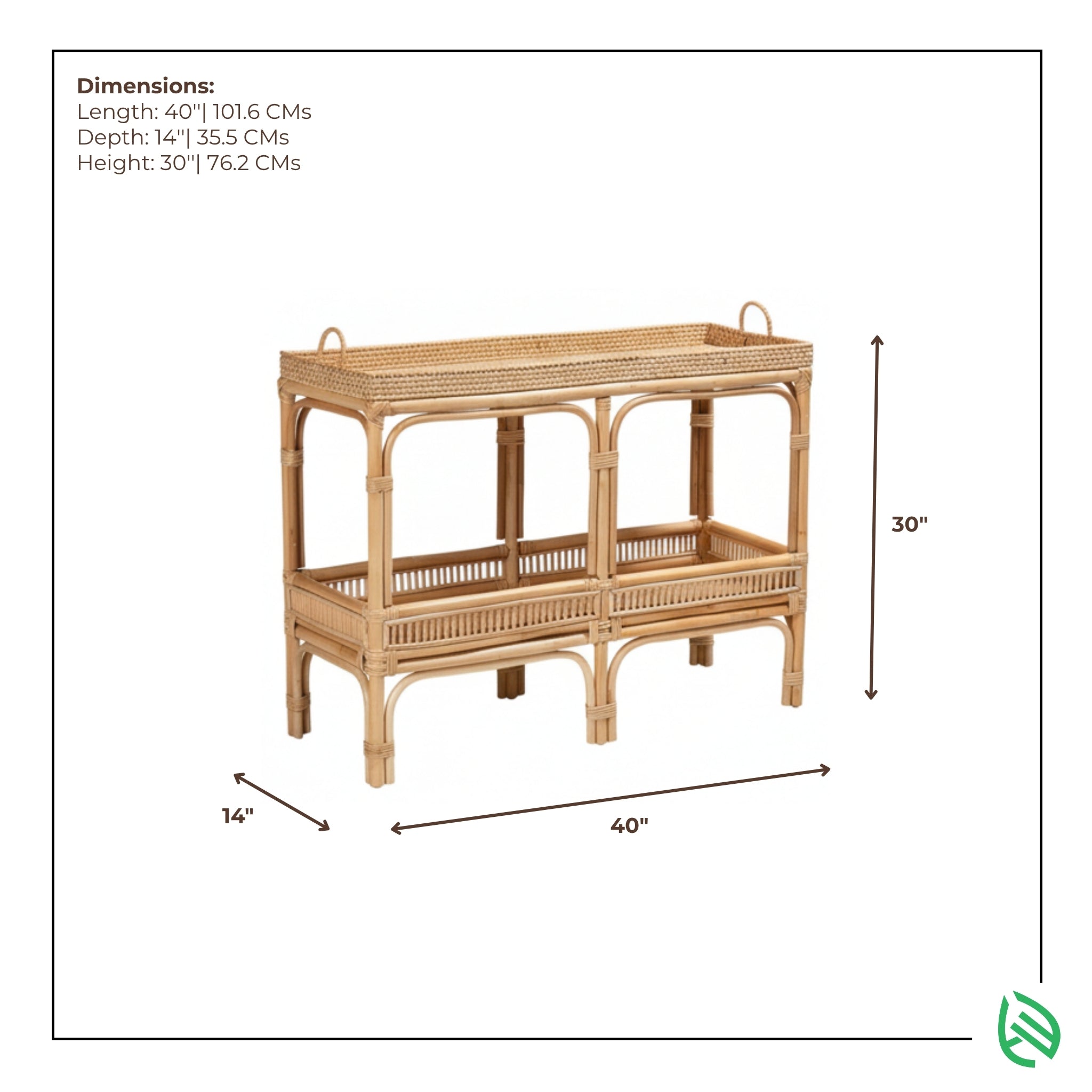 Dimensions diagram for Multi-Purpose Marvel Console Table - length 40 inches, depth 14 inches, height 30 inches, natural rattan two-tier console.