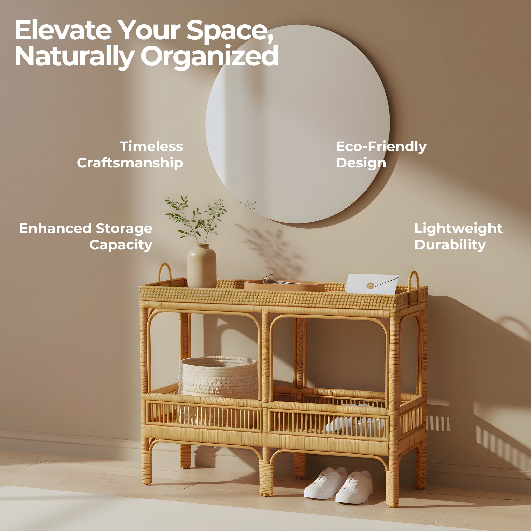 Features of Multi-Purpose Marvel Console Table - 100% natural rattan, timeless craftsmanship, enhanced storage capacity, lightweight durability.