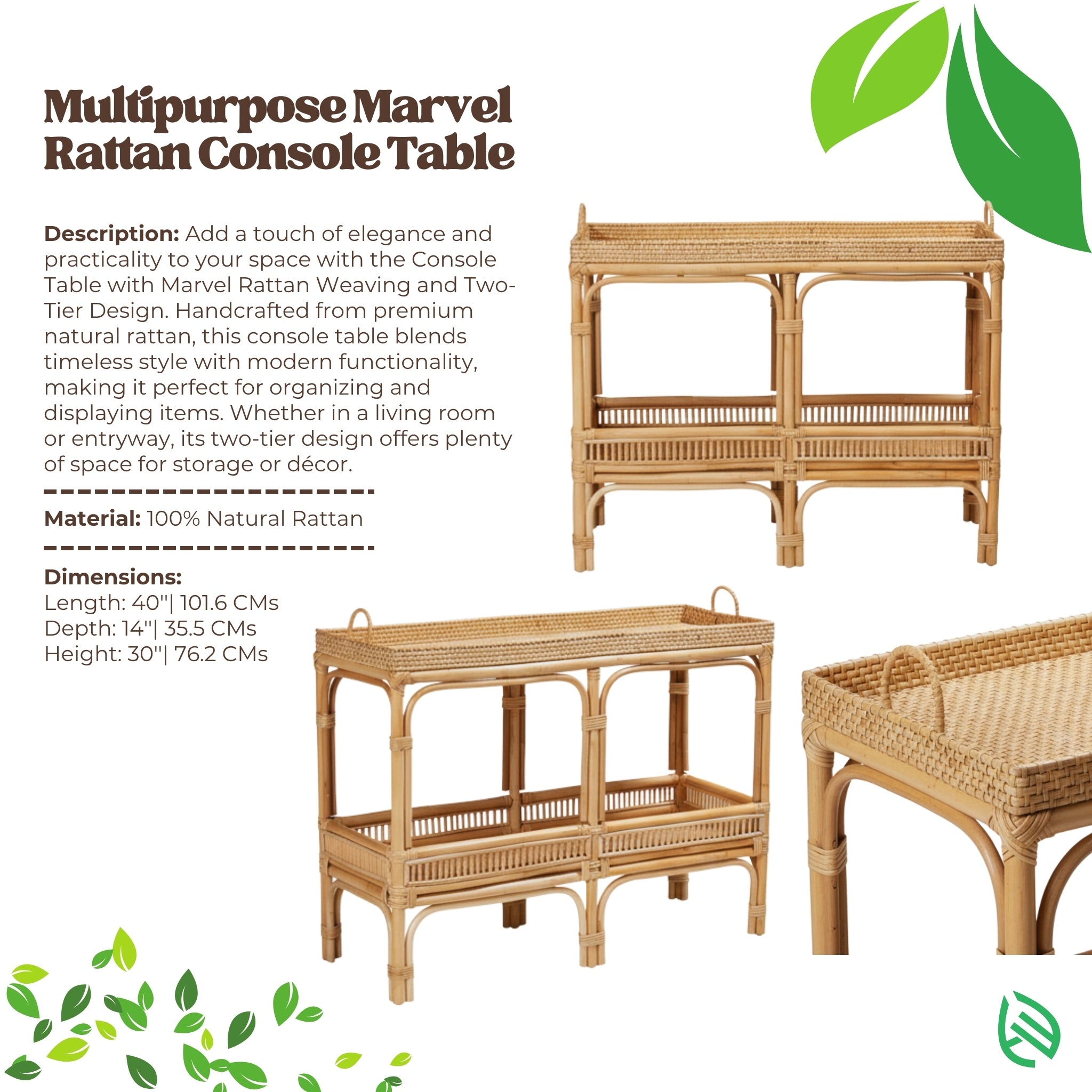 Specification sheet: Multi-Purpose Marvel Console Table - 100% natural rattan, two-tier woven design with tray handles; size 40" L x 14" D x 30" H.