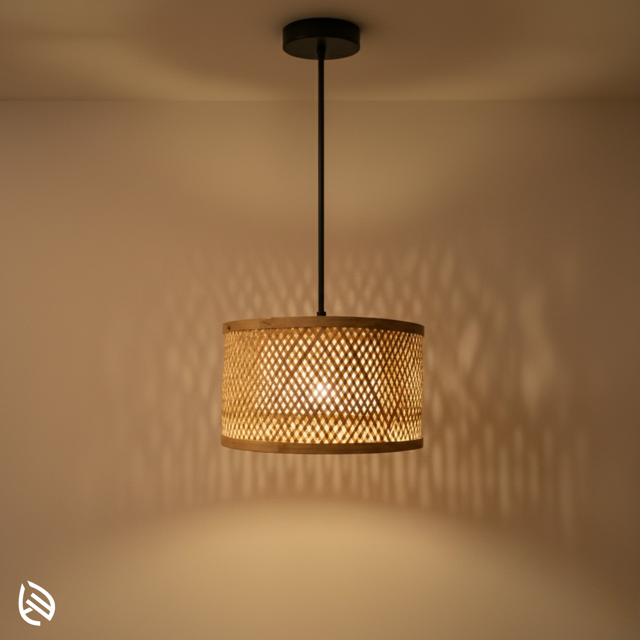 Minimal Nest bamboo drum pendant glowing; diamond lattice shade casting soft wall shadows, black canopy.