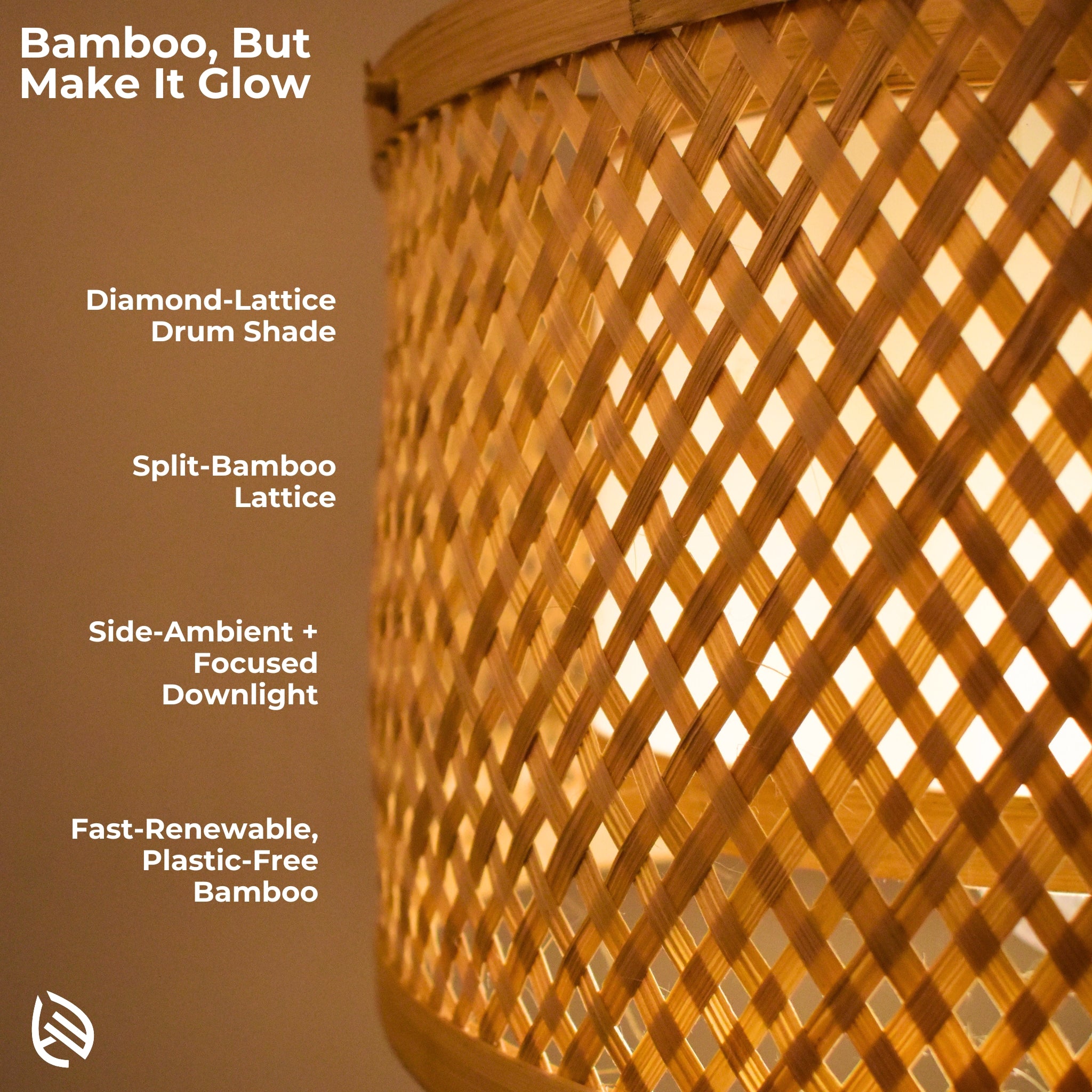 Feature graphic: diamond-lattice drum, side ambience and focused downlight, split-bamboo weave.