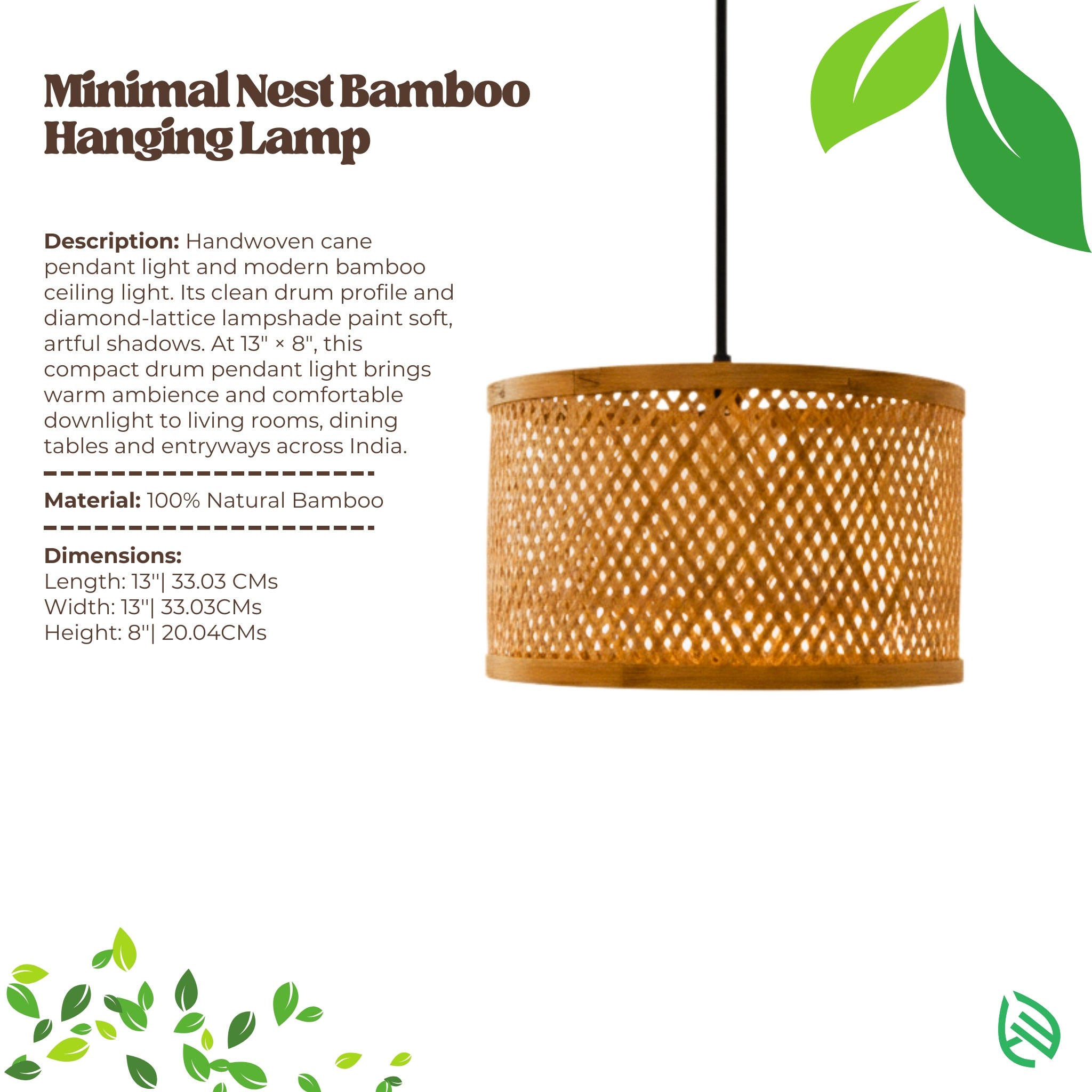 Product card: Minimal Nest Bamboo Hanging Lamp with description, material and dimensions.
