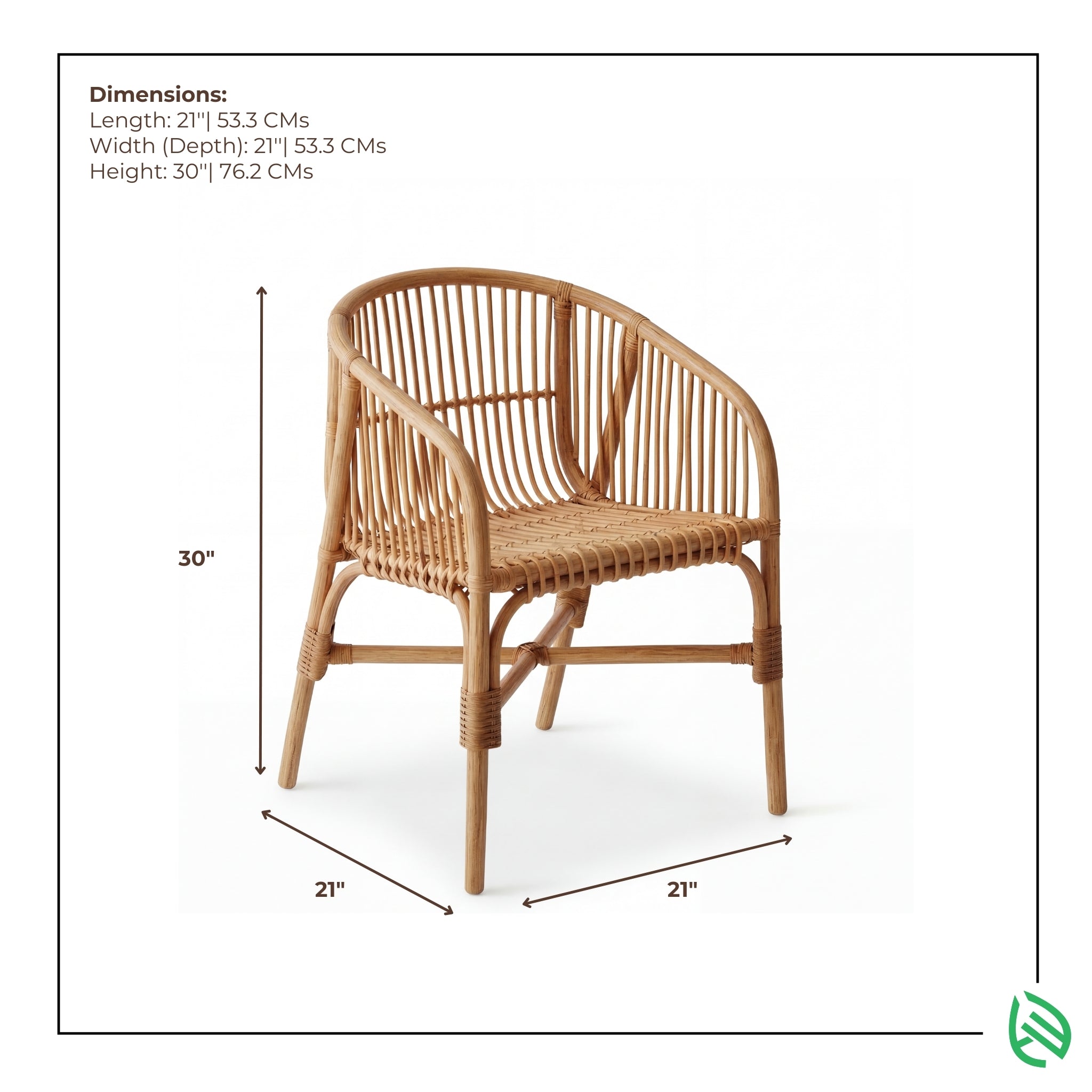 Wicker chair with dimensions labeled on a white background