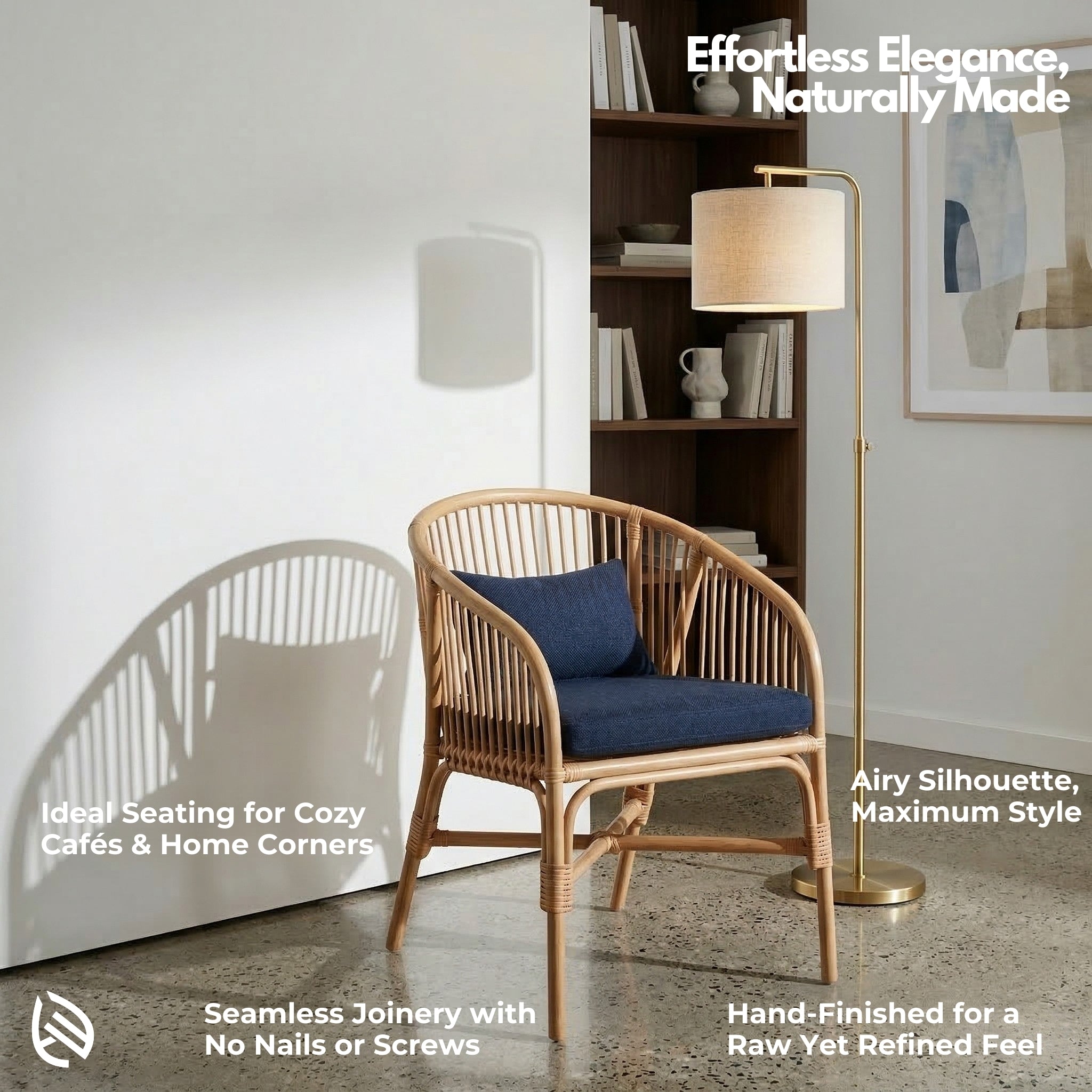 Wicker chair with blue cushion in a modern interior setting, featuring text about product features.