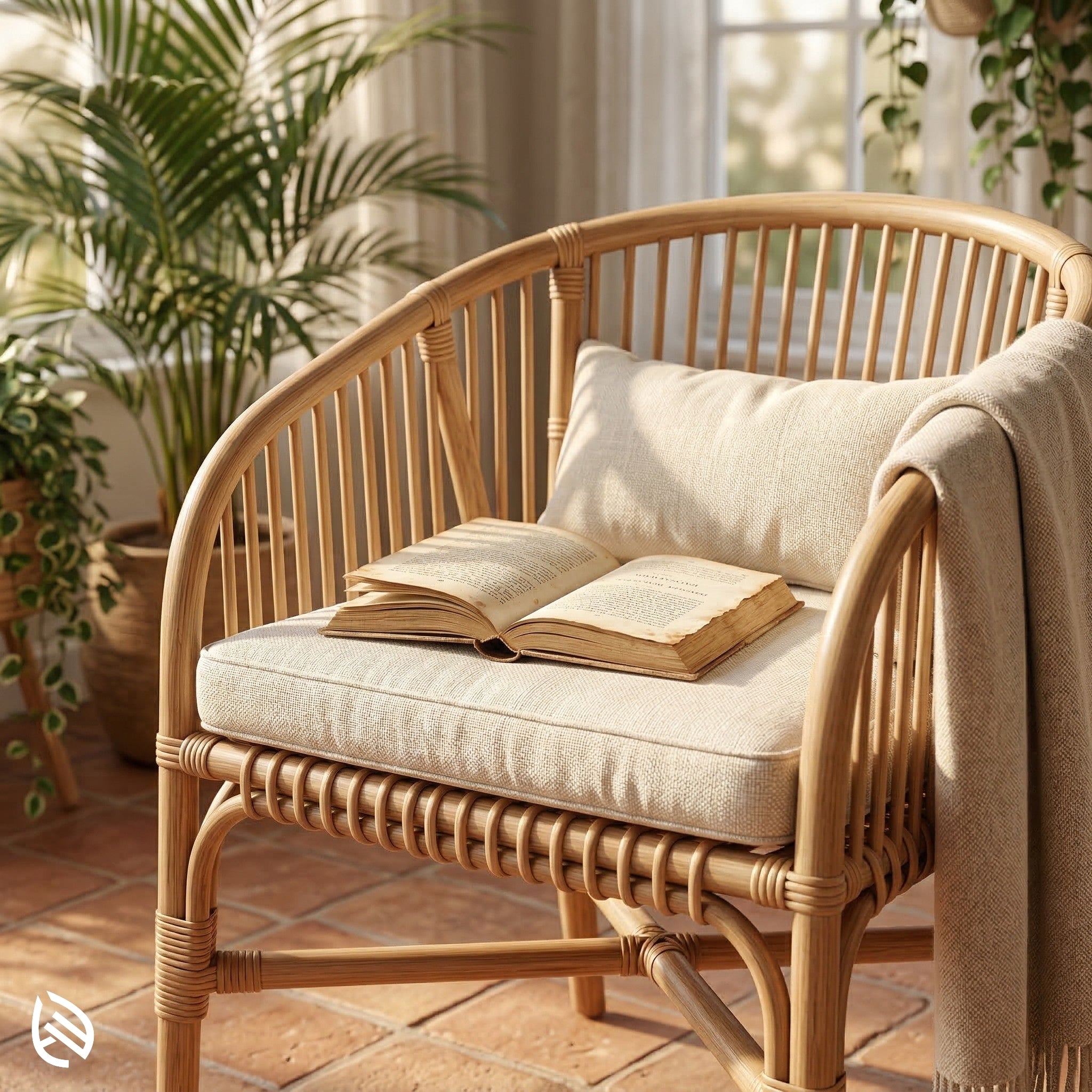 Wicker chair with an open book on a cushion in a cozy room with plants.