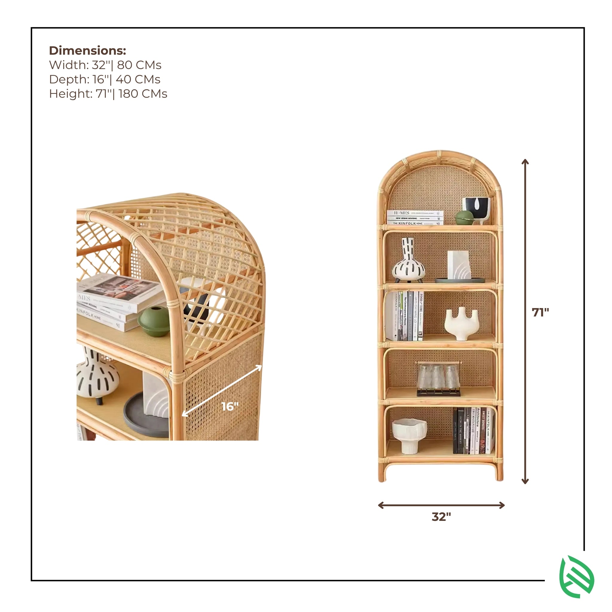 Dimensions diagram for Modern Weave Wonder Rattan Rack - 71 in height, 32 in width, 16 in depth; arched natural rattan/cane shelving unit.