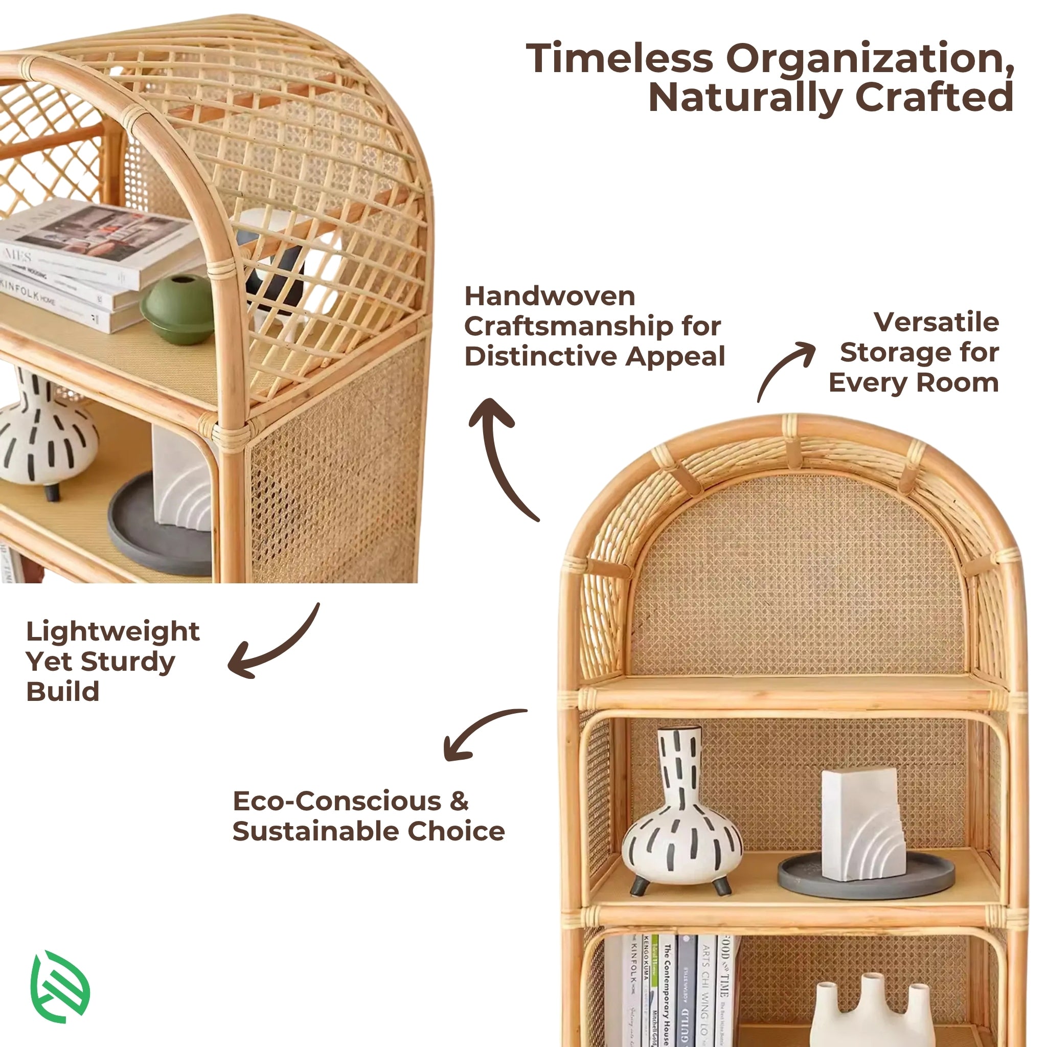 Feature graphic: Modern Weave Wonder Rattan Rack - handwoven natural rattan, lightweight yet sturdy, versatile storage for every room.