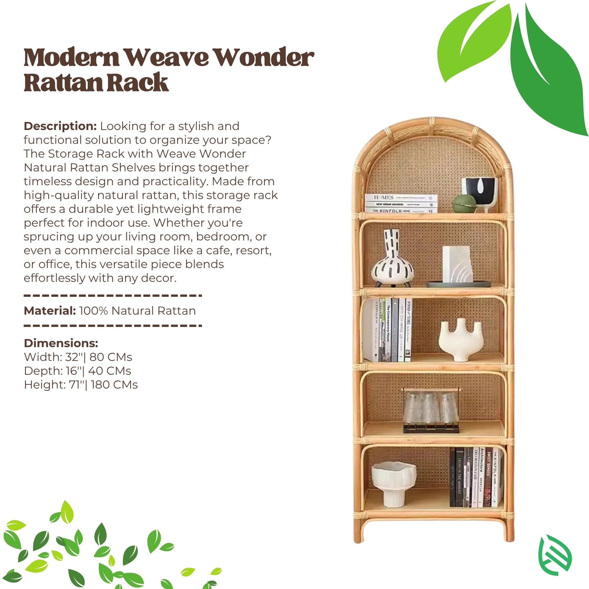 Product spec sheet: Modern Weave Wonder Rattan Rack - 100% natural rattan, five shelves with arched top; size 32 in W × 16 in D × 71 in H - EarthNWe.