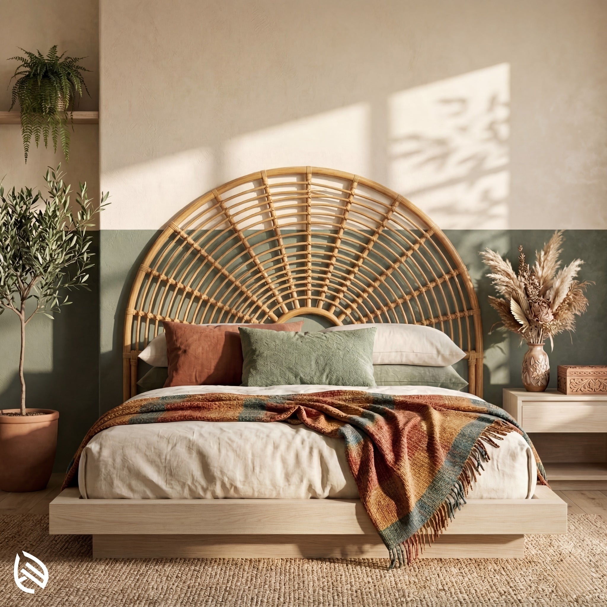 Bedroom with a wicker headboard, pillows, and a blanket, with plants and a nightstand.