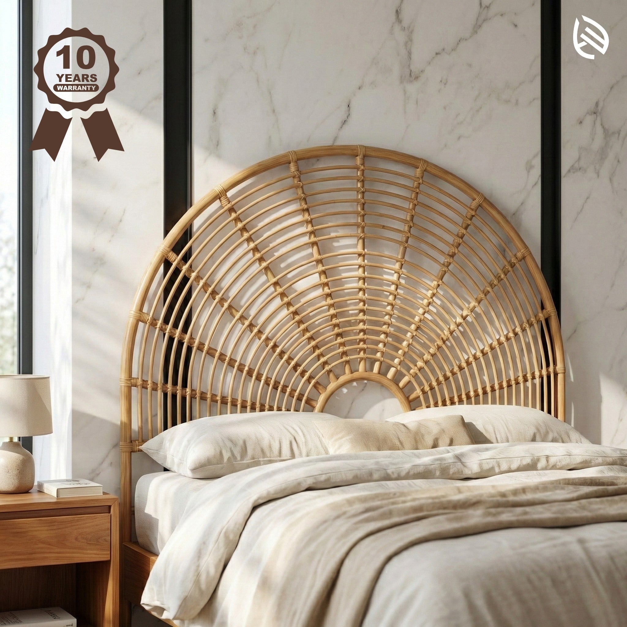 Wicker headboard in a bedroom setting with marble wall and wooden nightstand.