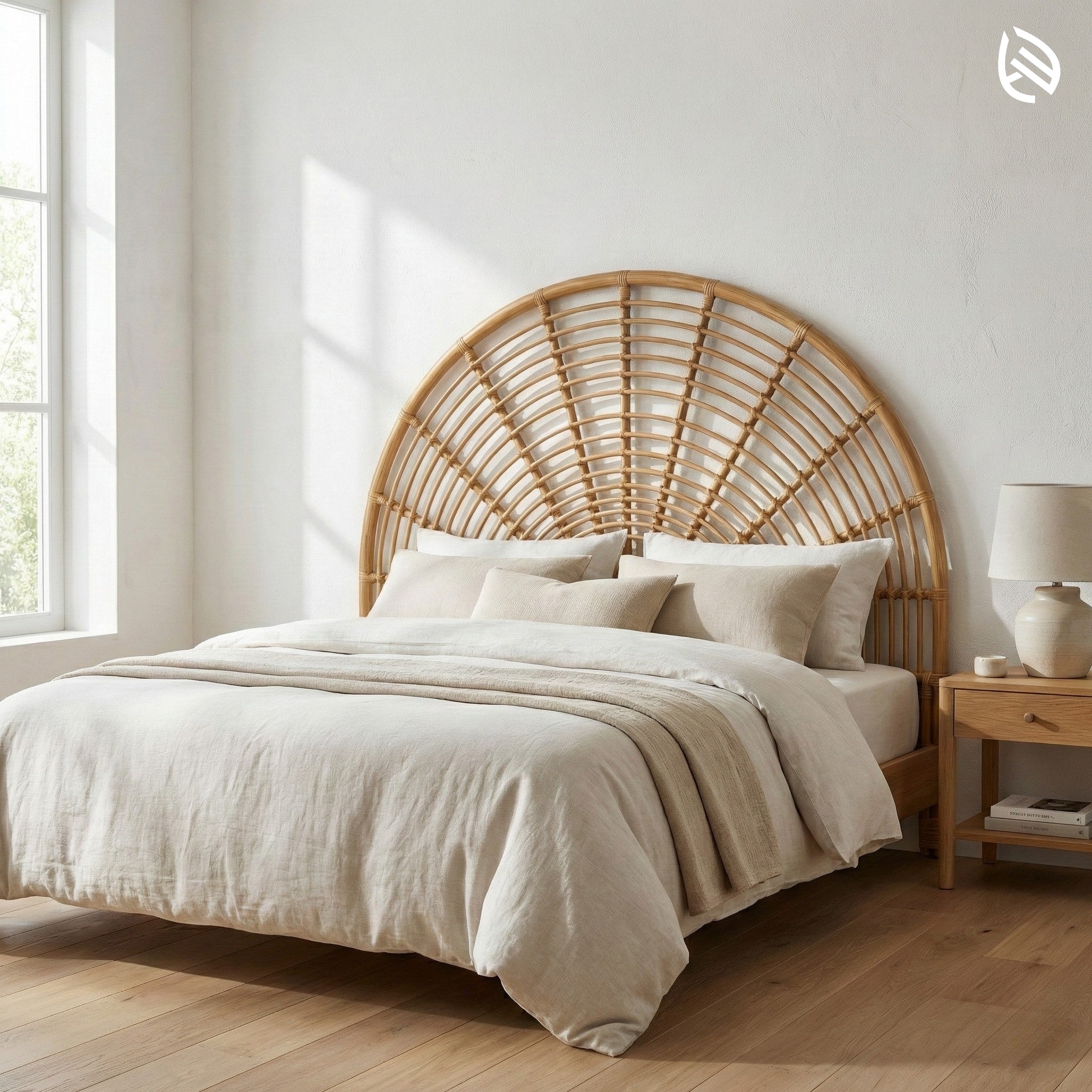 Bedroom with a rattan headboard and beige bedding