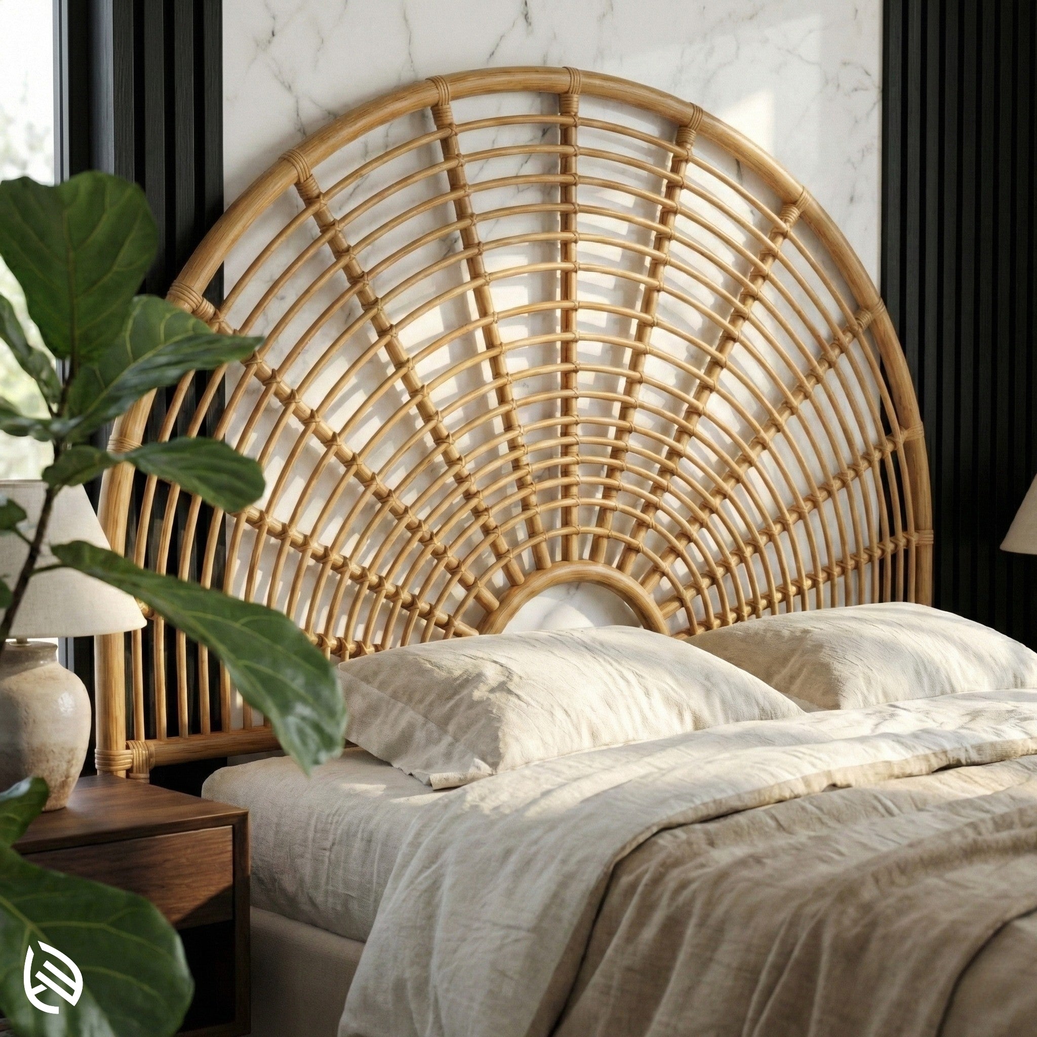 Wicker headboard in a bedroom setting with bedding and a plant.