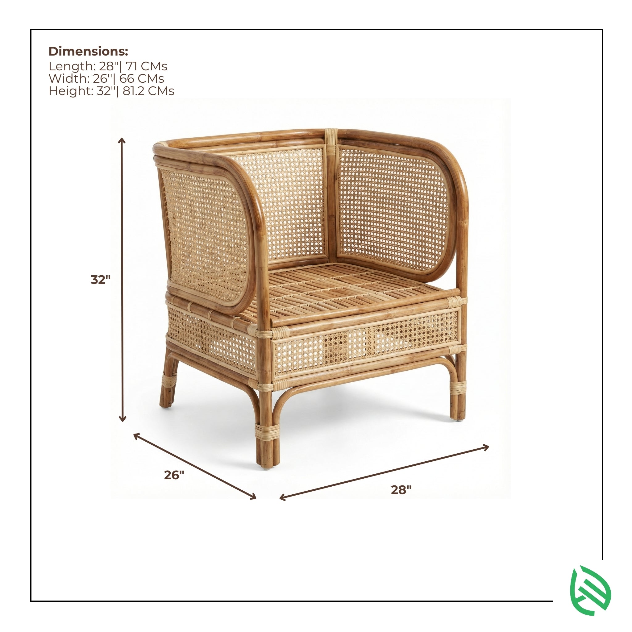 Wicker chair with dimensions labeled on a white background