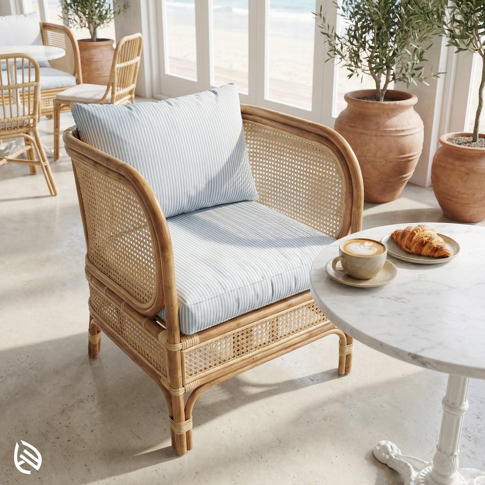 Wicker chair with striped cushion in a bright room with plants and a table.