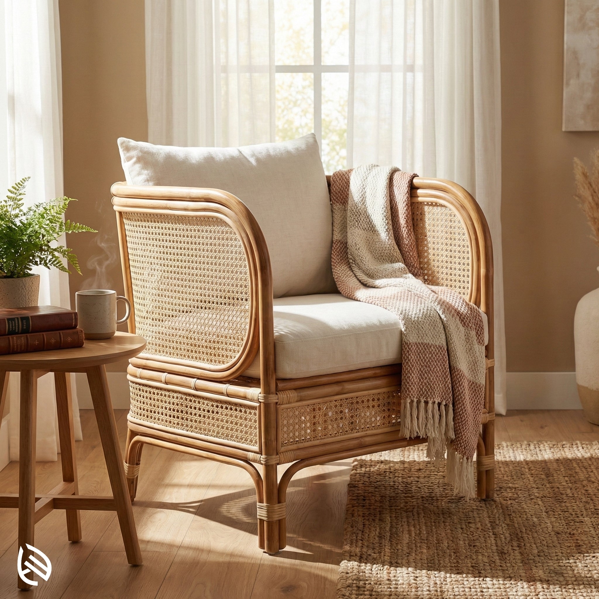 Wicker chair with cushions and a blanket in a cozy room with natural light.