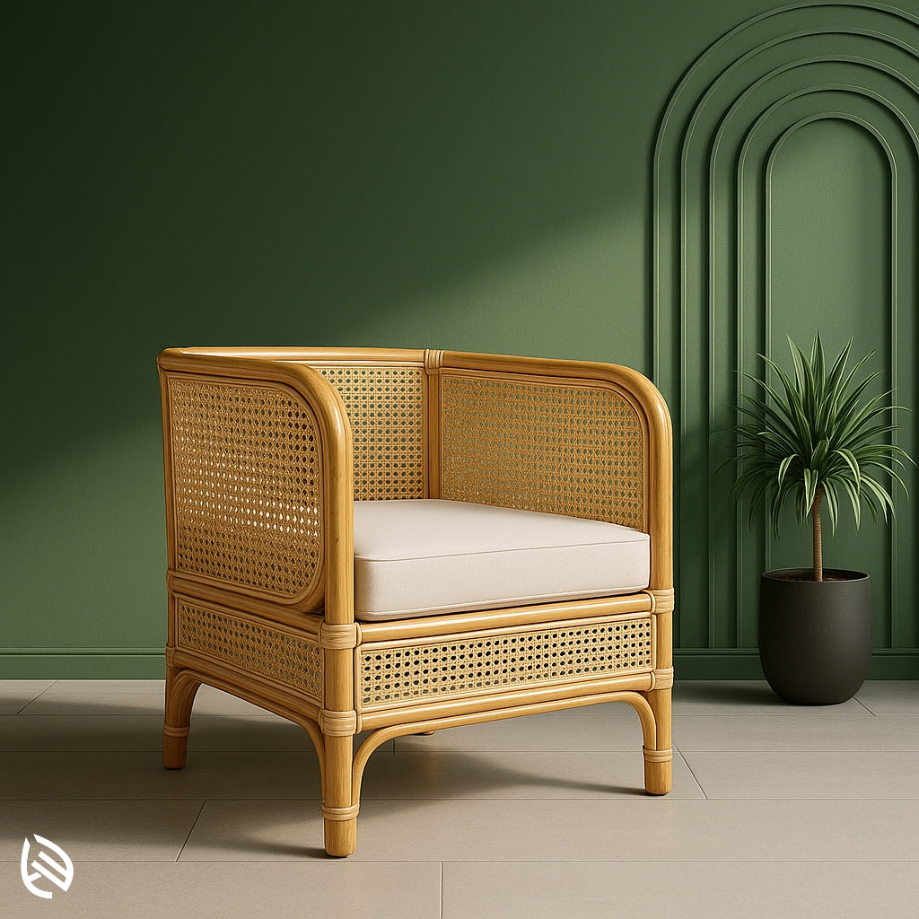 Boxy rattan cane armchair with handwoven panels and plush beige cushion for modern decor