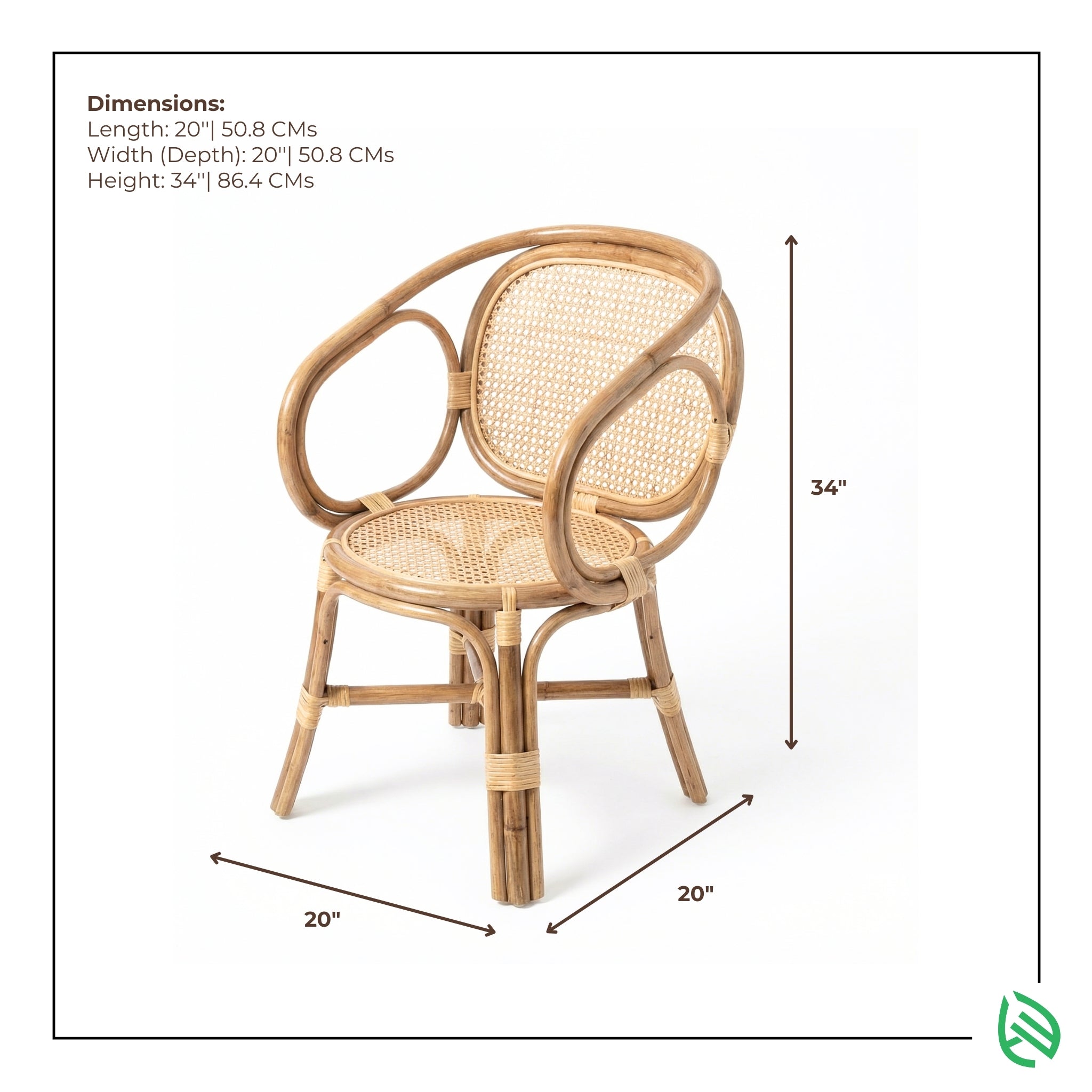 Wicker chair with dimensions labeled on a white background