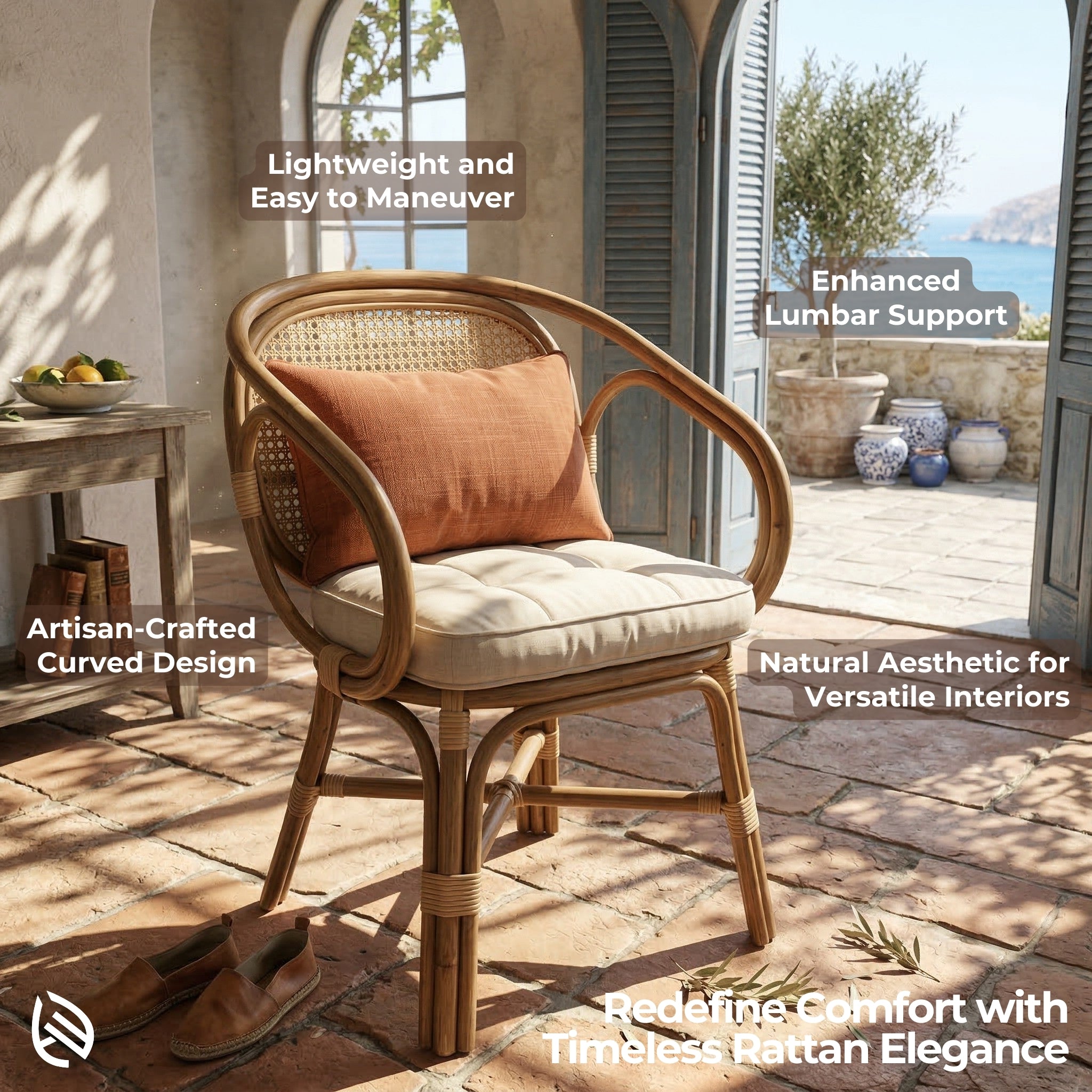 Rattan chair with cushion on a patio with text highlighting features