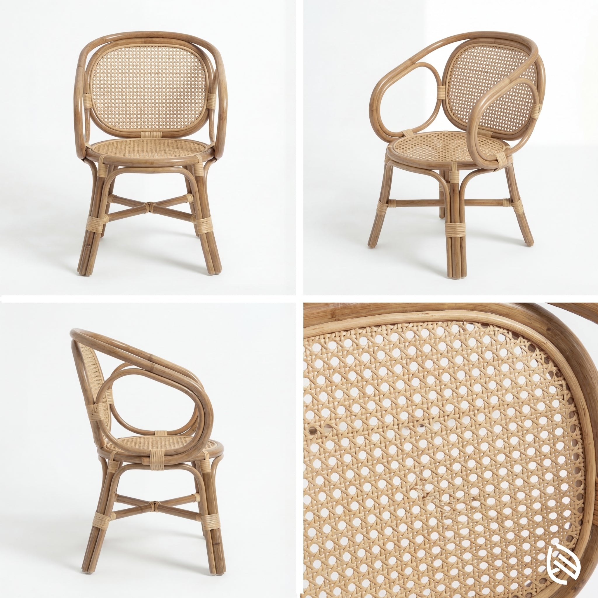 Rattan chair shown from multiple angles on a white background