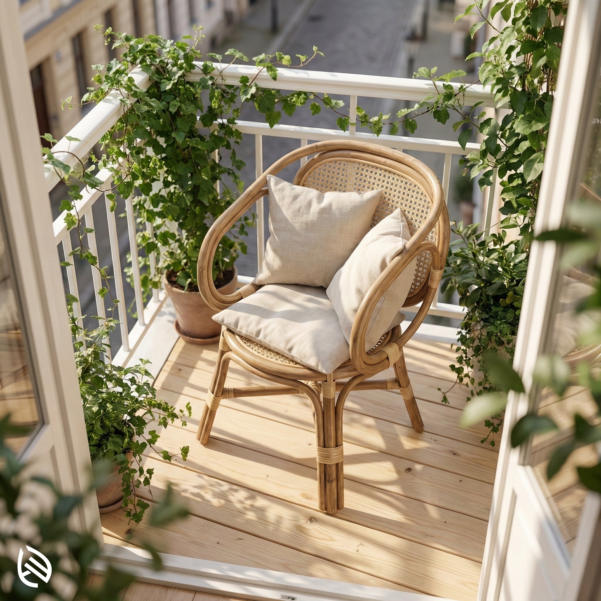 Wicker chair with cushions on a balcony surrounded by plants