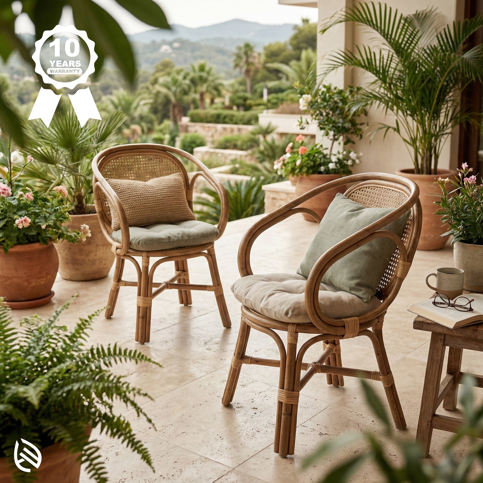 Two wicker chairs with cushions on a patio with plants and a scenic view.