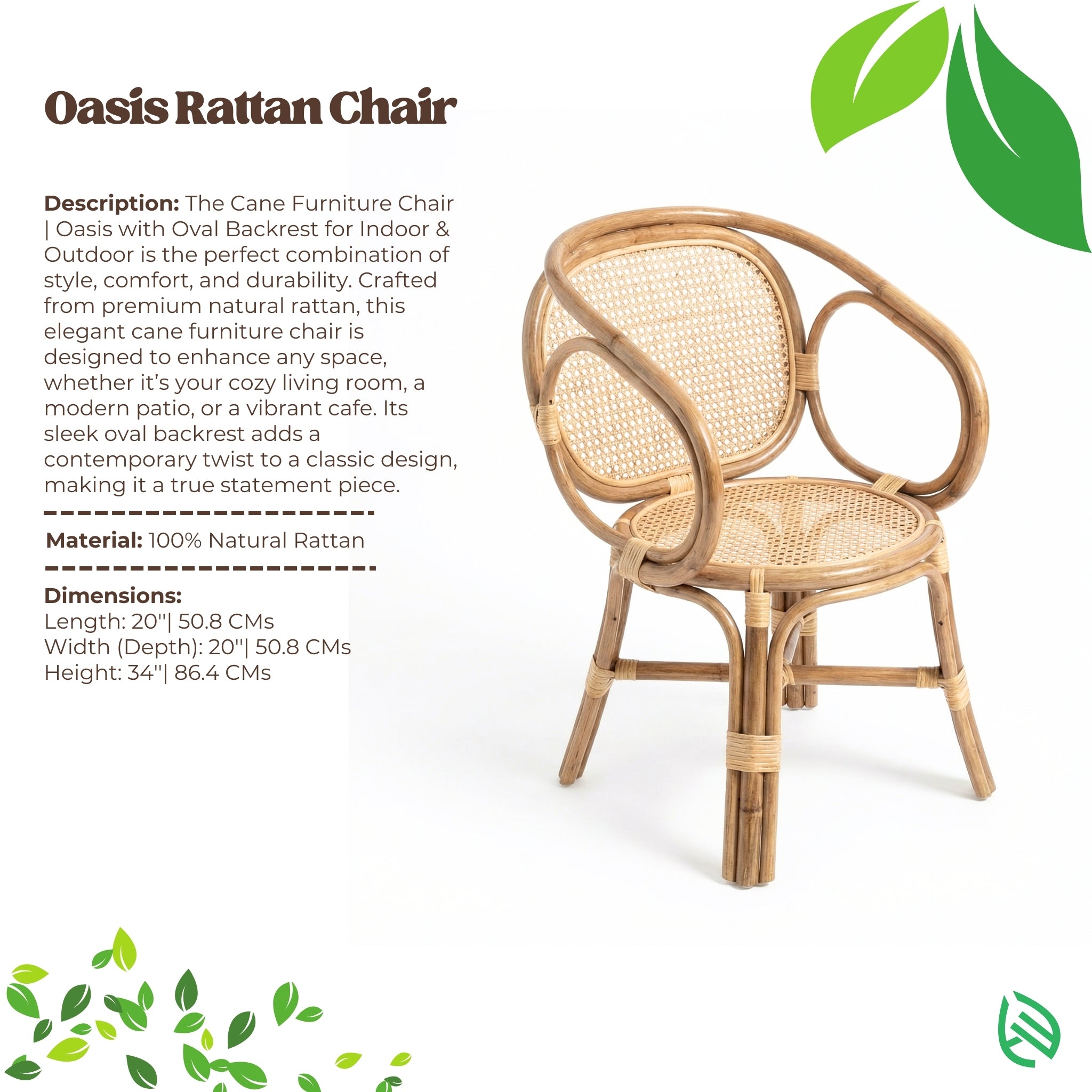 Oasis Rattan Chair with product description and features on a white background