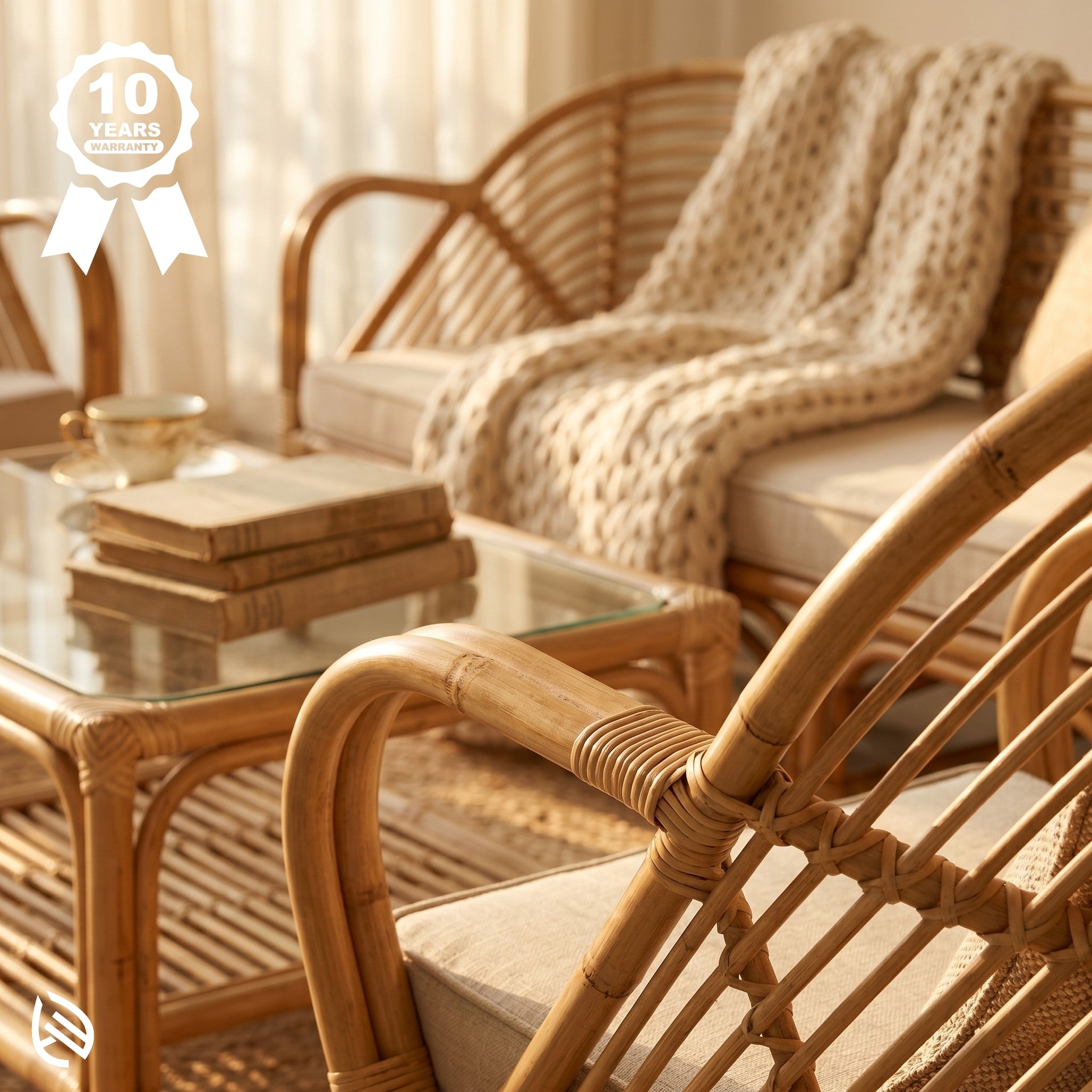 Close-up handcrafted rattan armrest and weaving detail