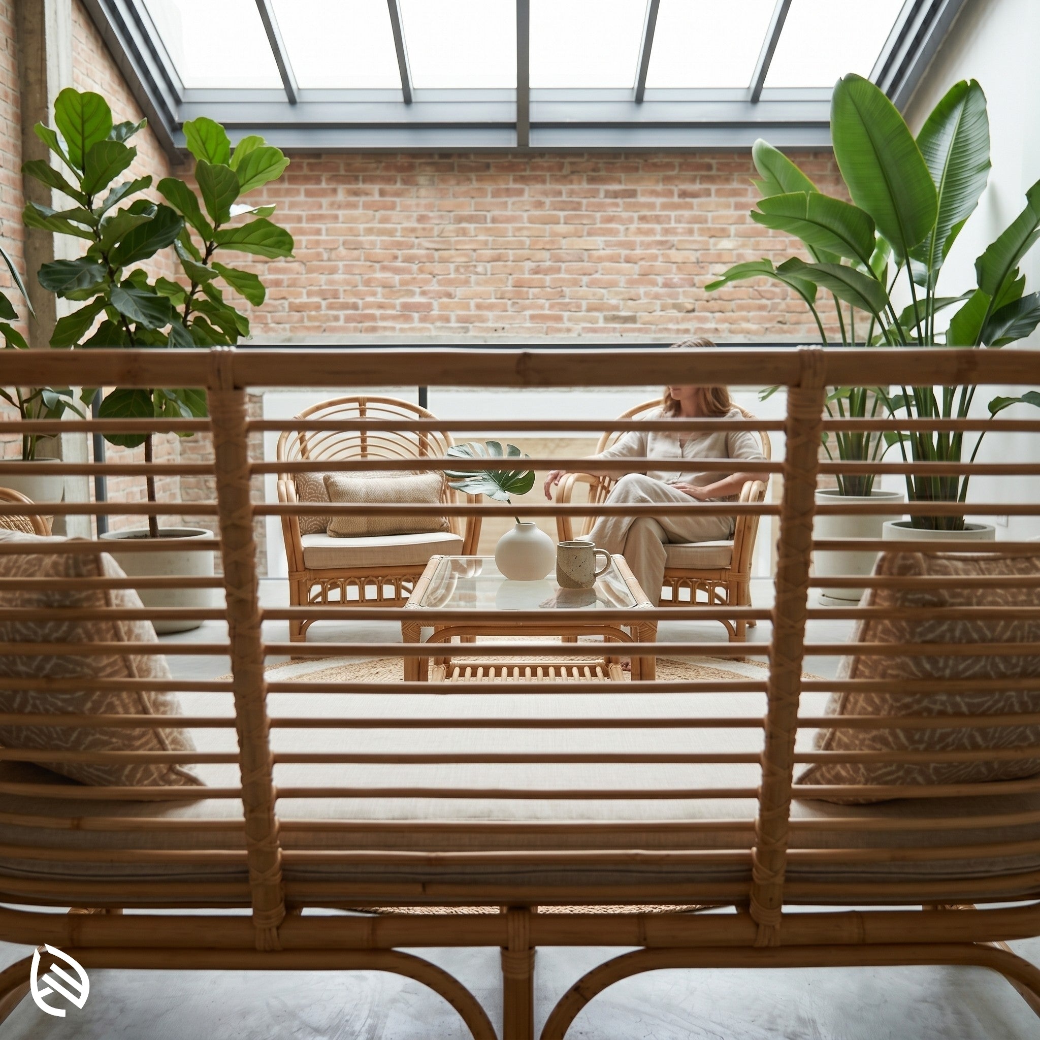Indoor sunroom rattan seating setup with plants and glass roof
