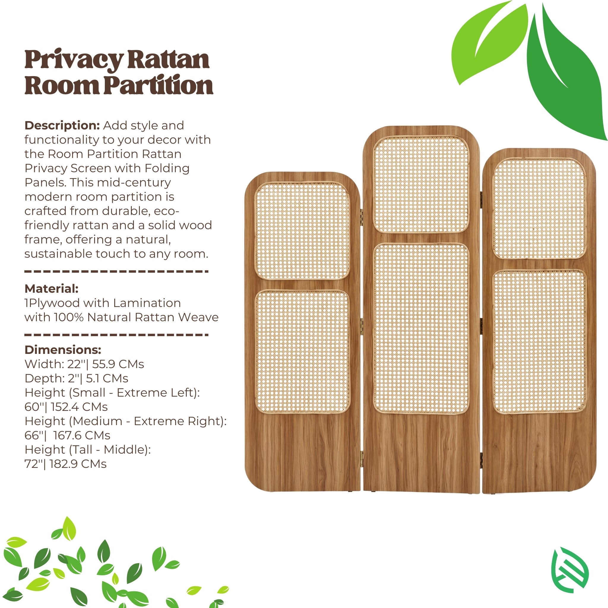 Privacy Rattan Room Partition with dimensions and material details on a white background