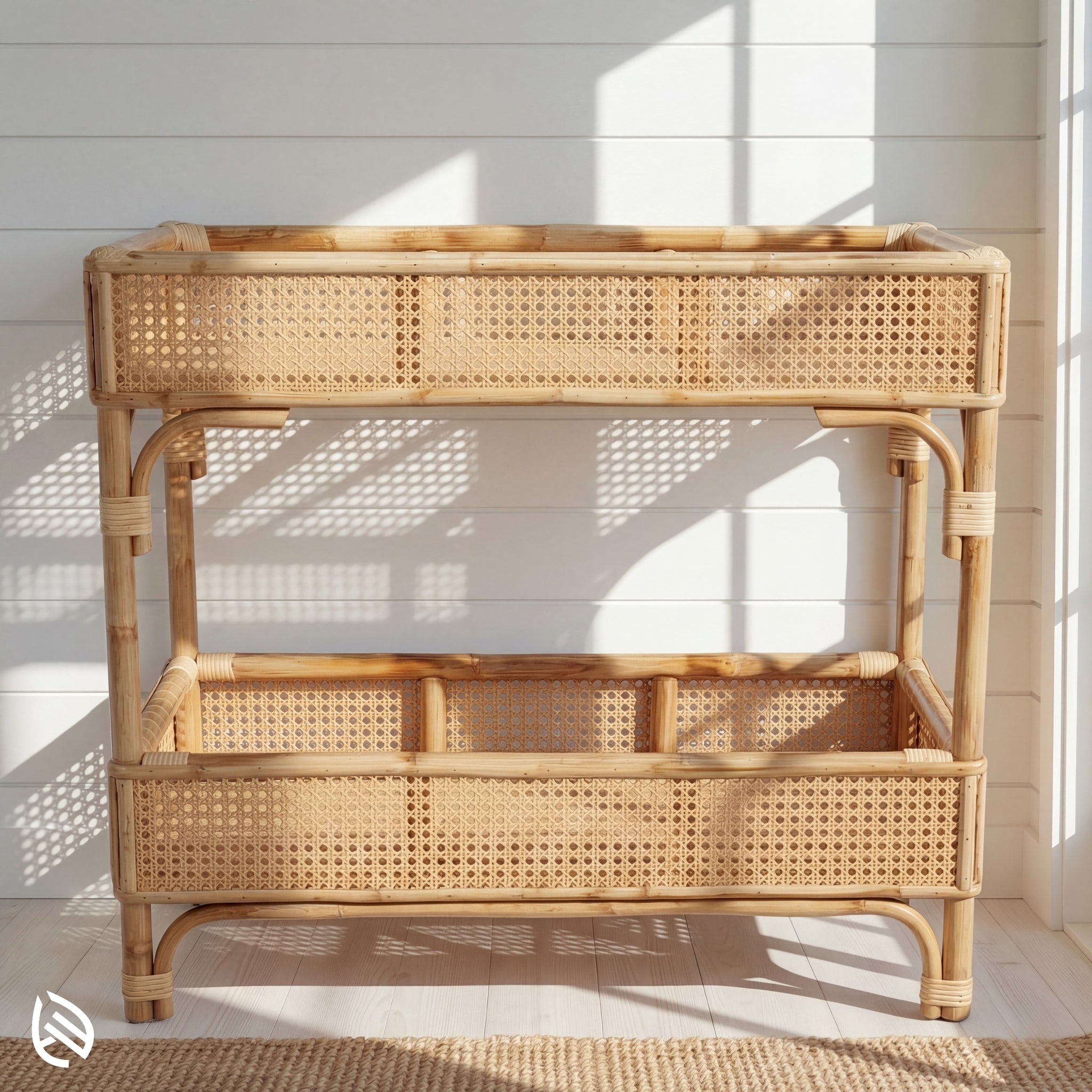 Wicker console table with two shelves in a room with sunlight filtering through a window.