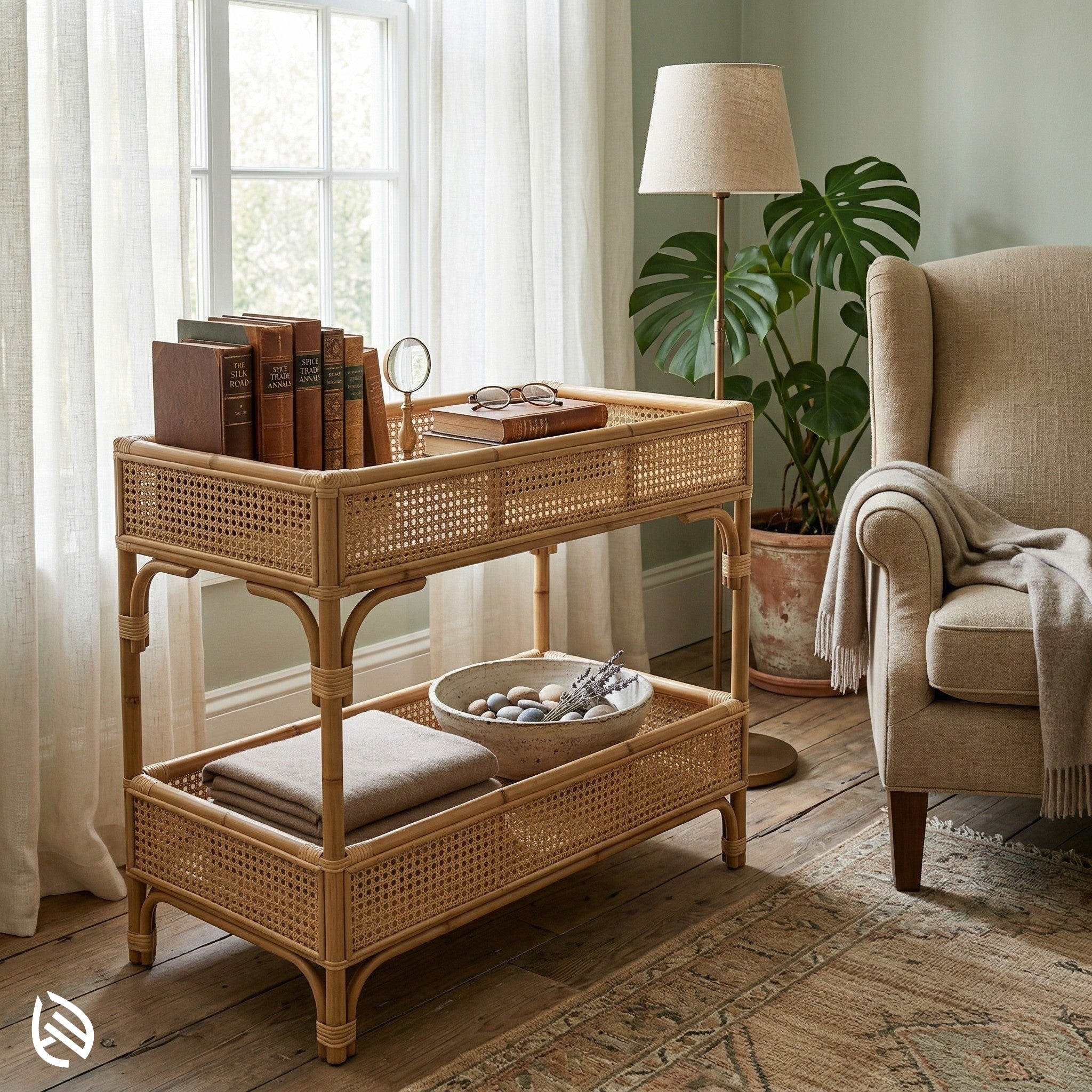 Wicker console table in a living room with books, a plant, and a lamp.