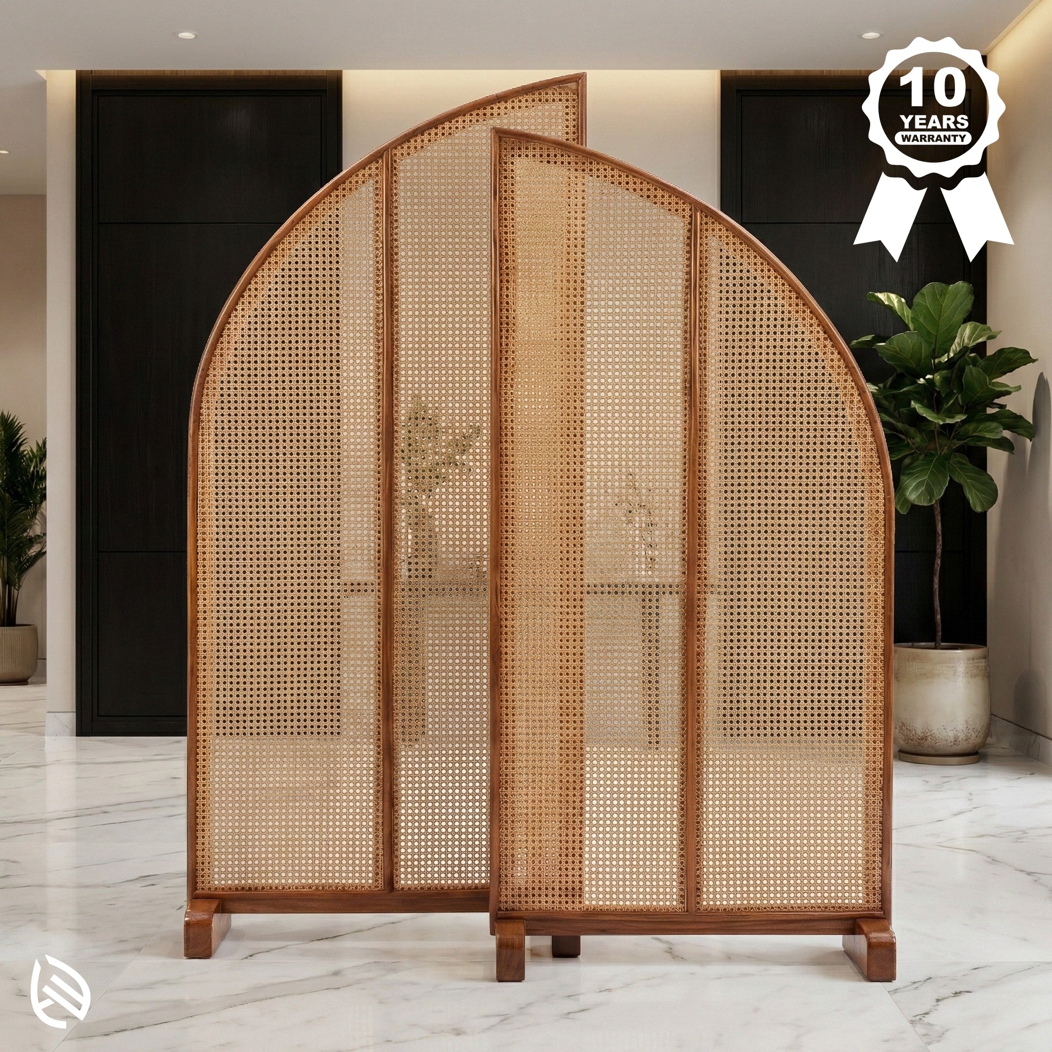 Woven room divider with wooden frame in a modern interior setting