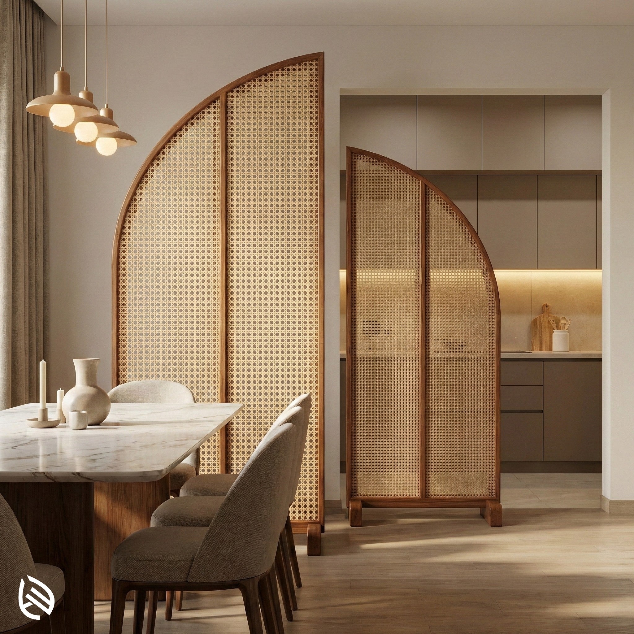 Dining area with woven room dividers in a modern interior setting.