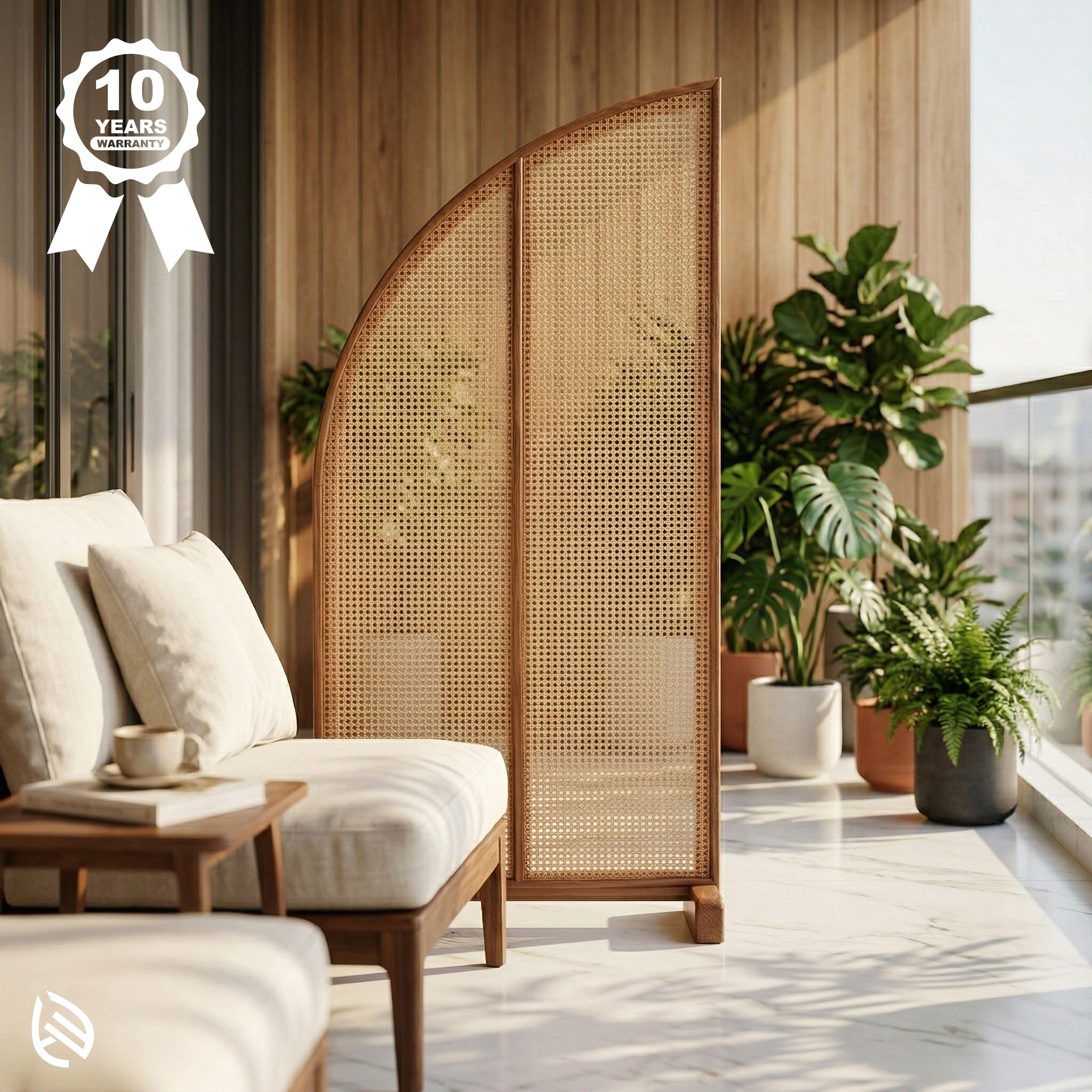 Woven room divider in a modern living room with plants and a white couch.