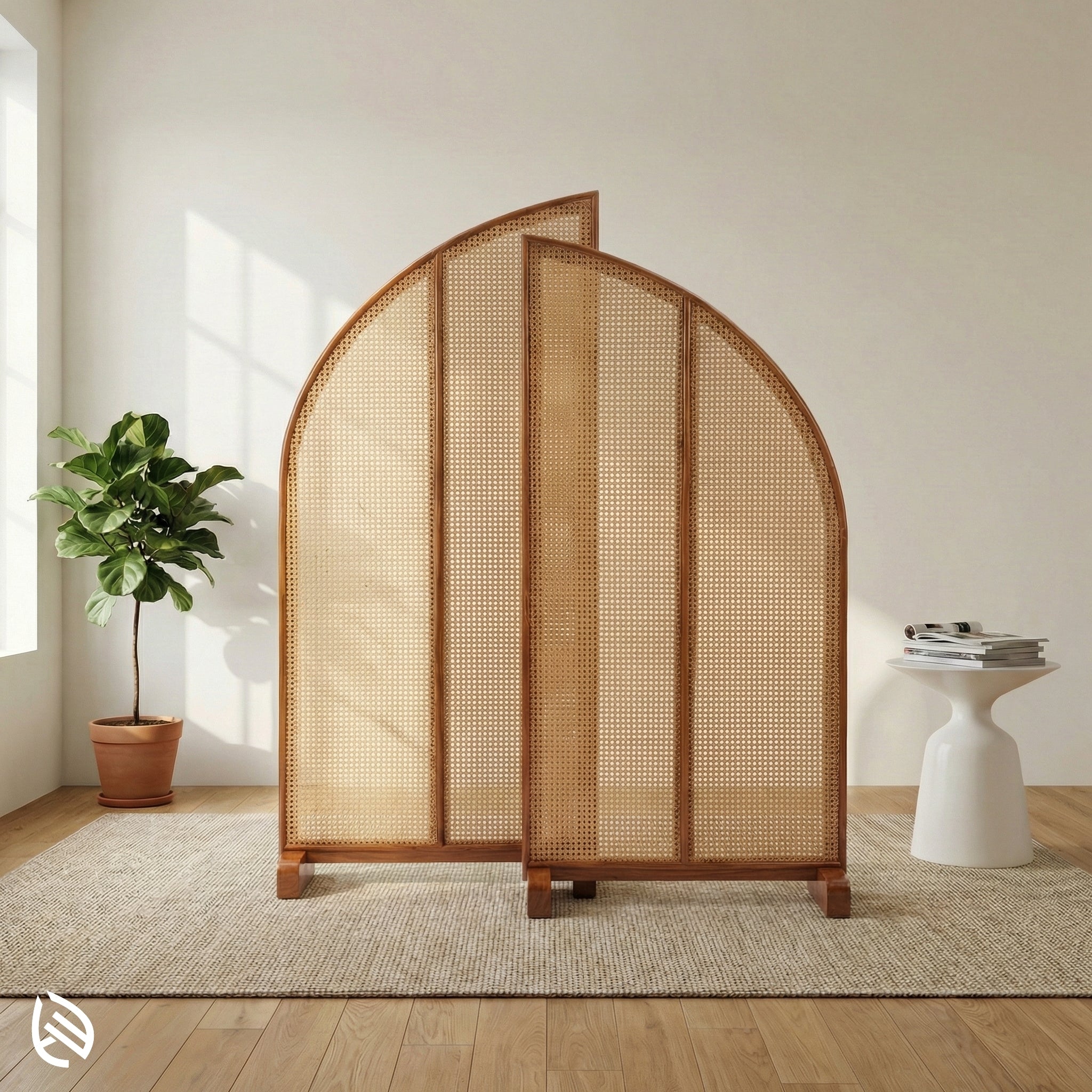 Woven room divider in a room with a plant and small table
