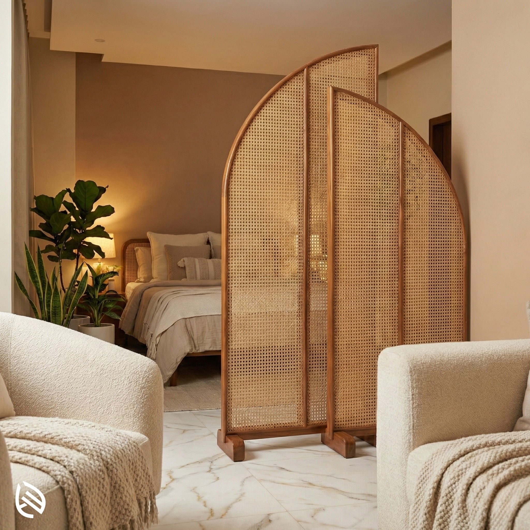 Woven room divider in a cozy bedroom setting with a bed and armchairs.