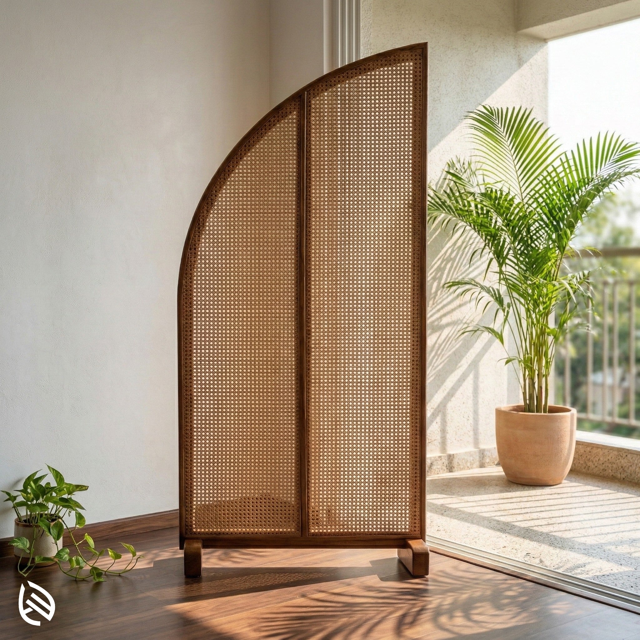Woven wooden screen in a room with a plant and a window.