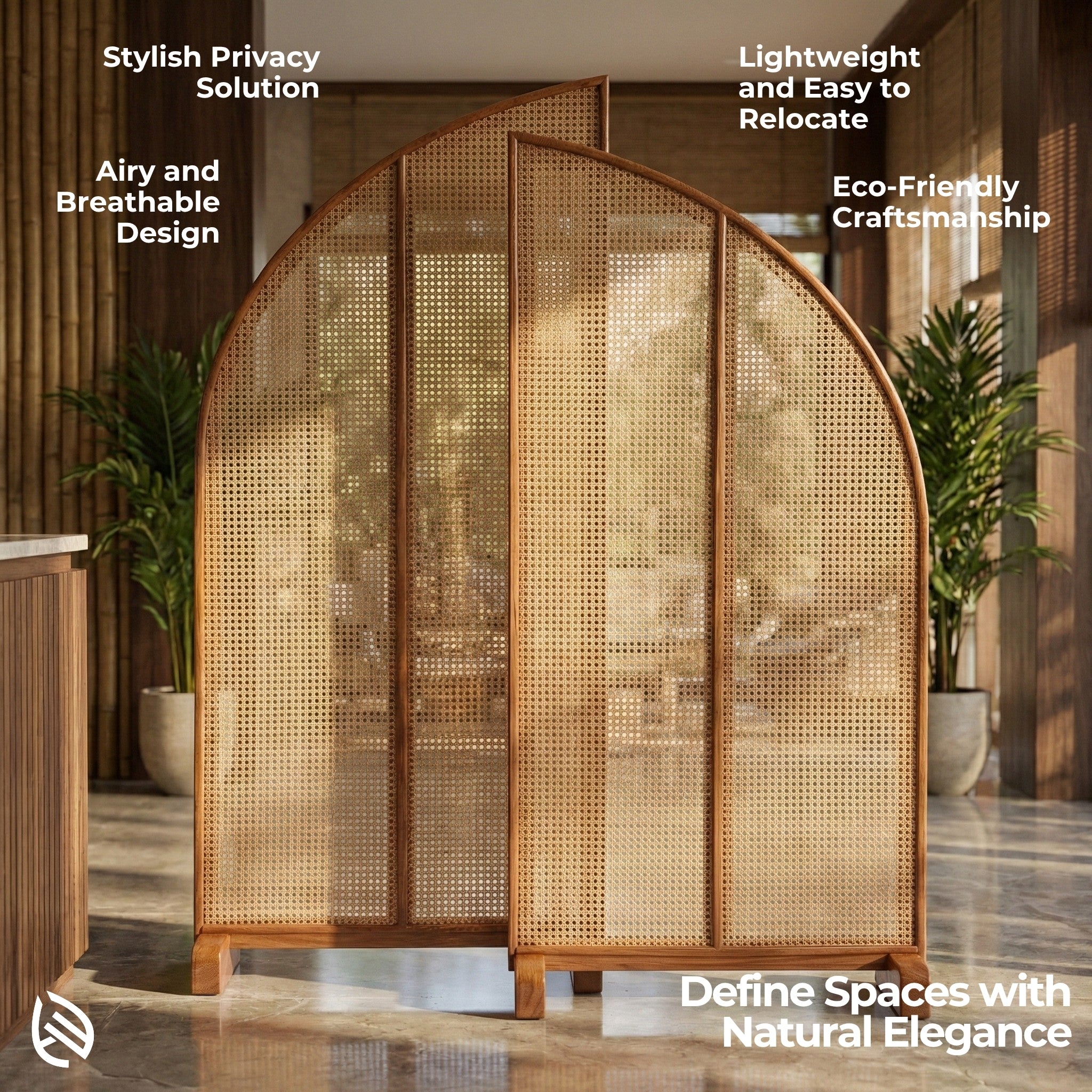 Woven room divider with text highlighting features in a home setting