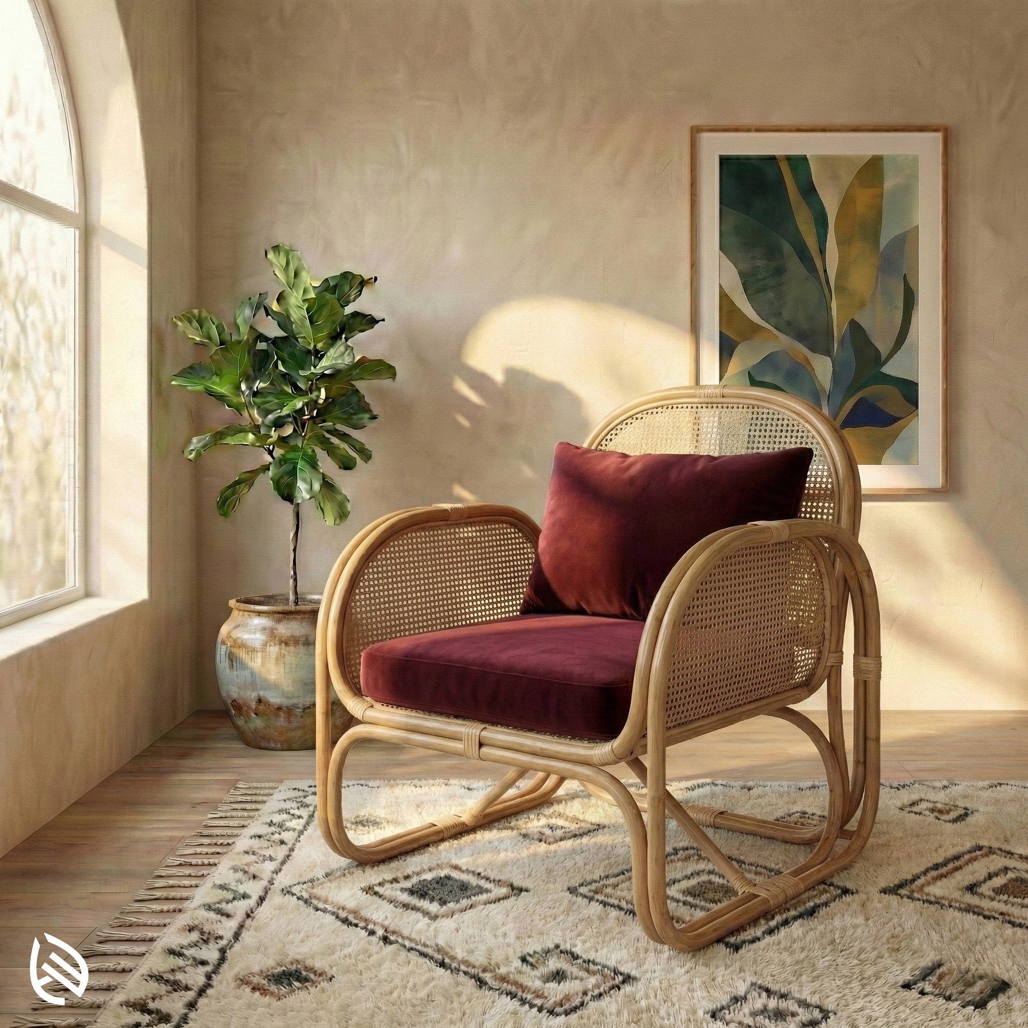 Rattan chair with red cushion and pillow in a sunlit room with a plant and artwork.