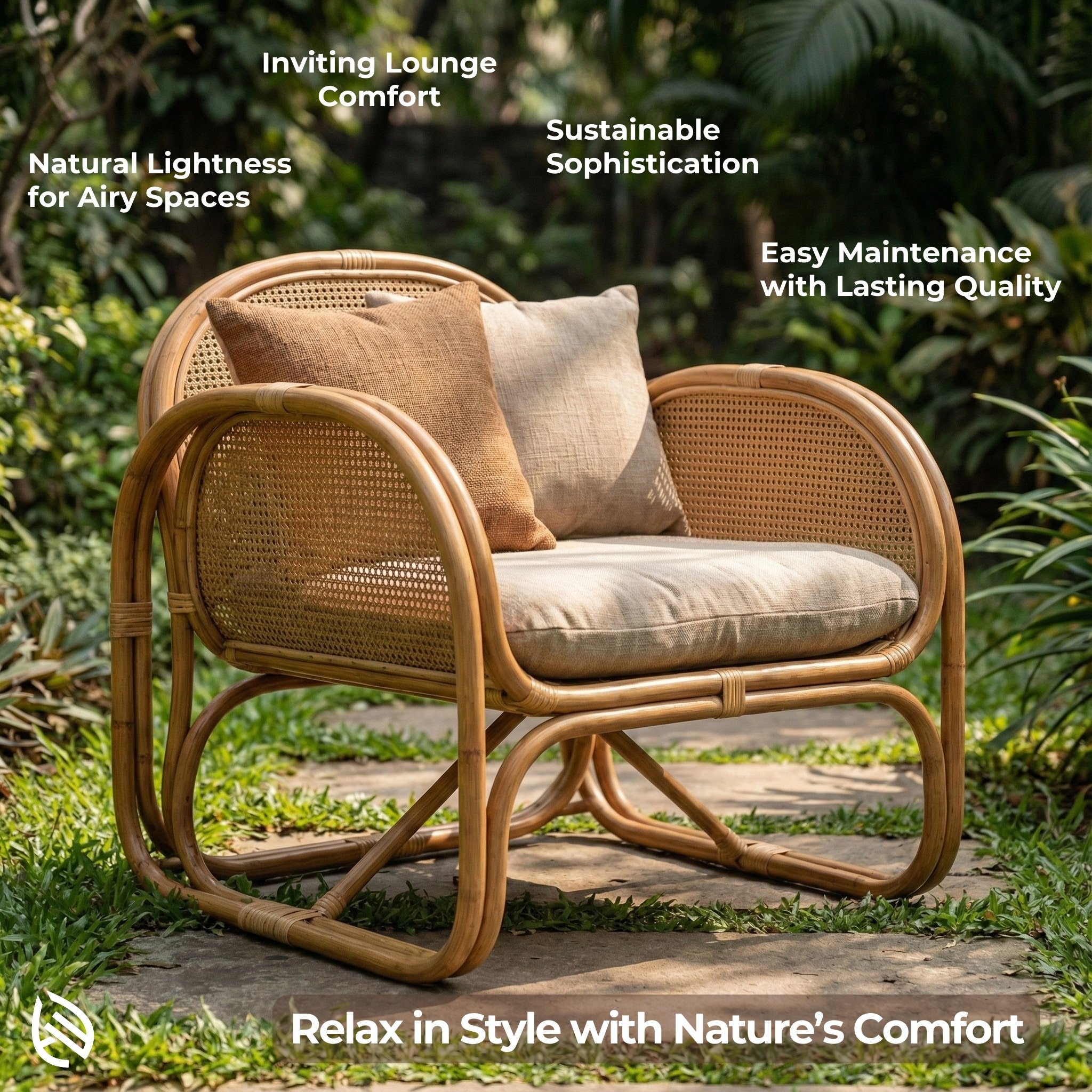Wicker chair with cushions in a natural setting, emphasizing comfort and sustainability.