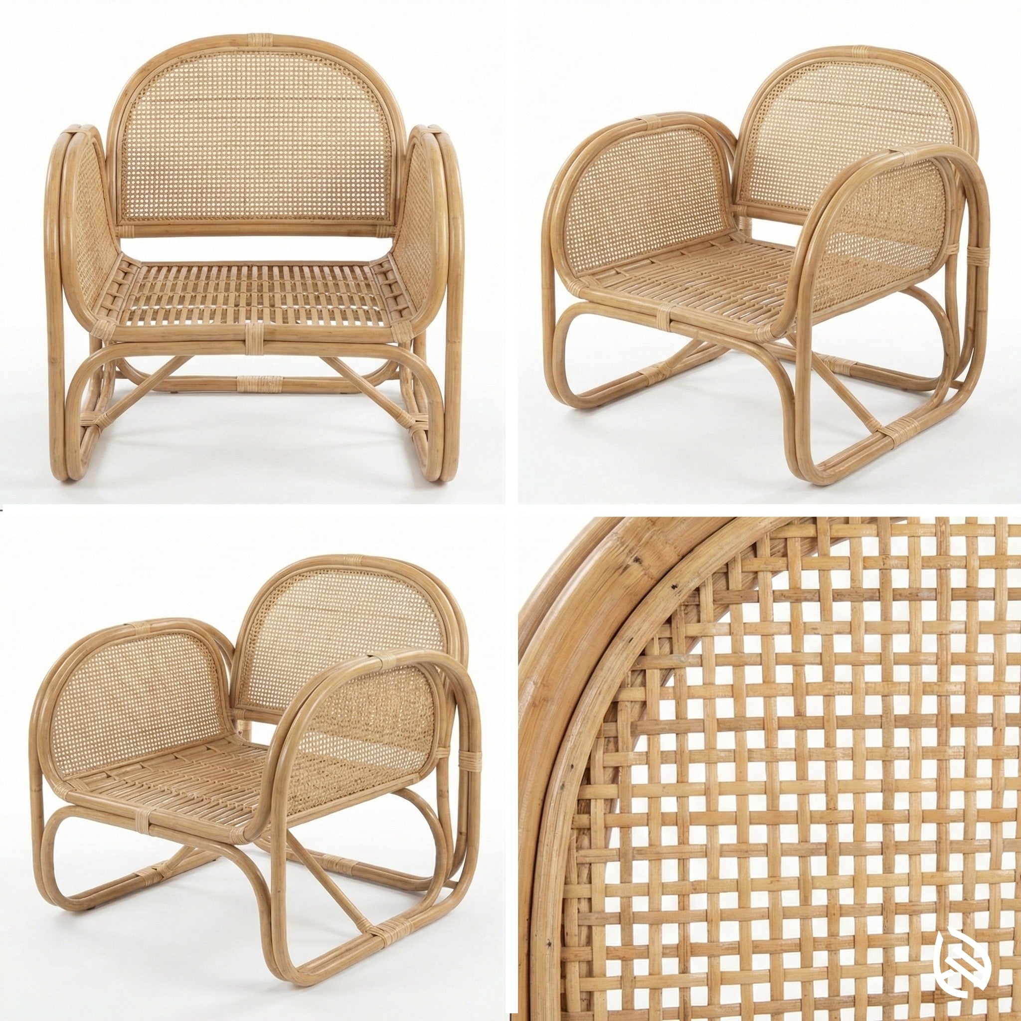 Wicker chair shown from multiple angles on a white background