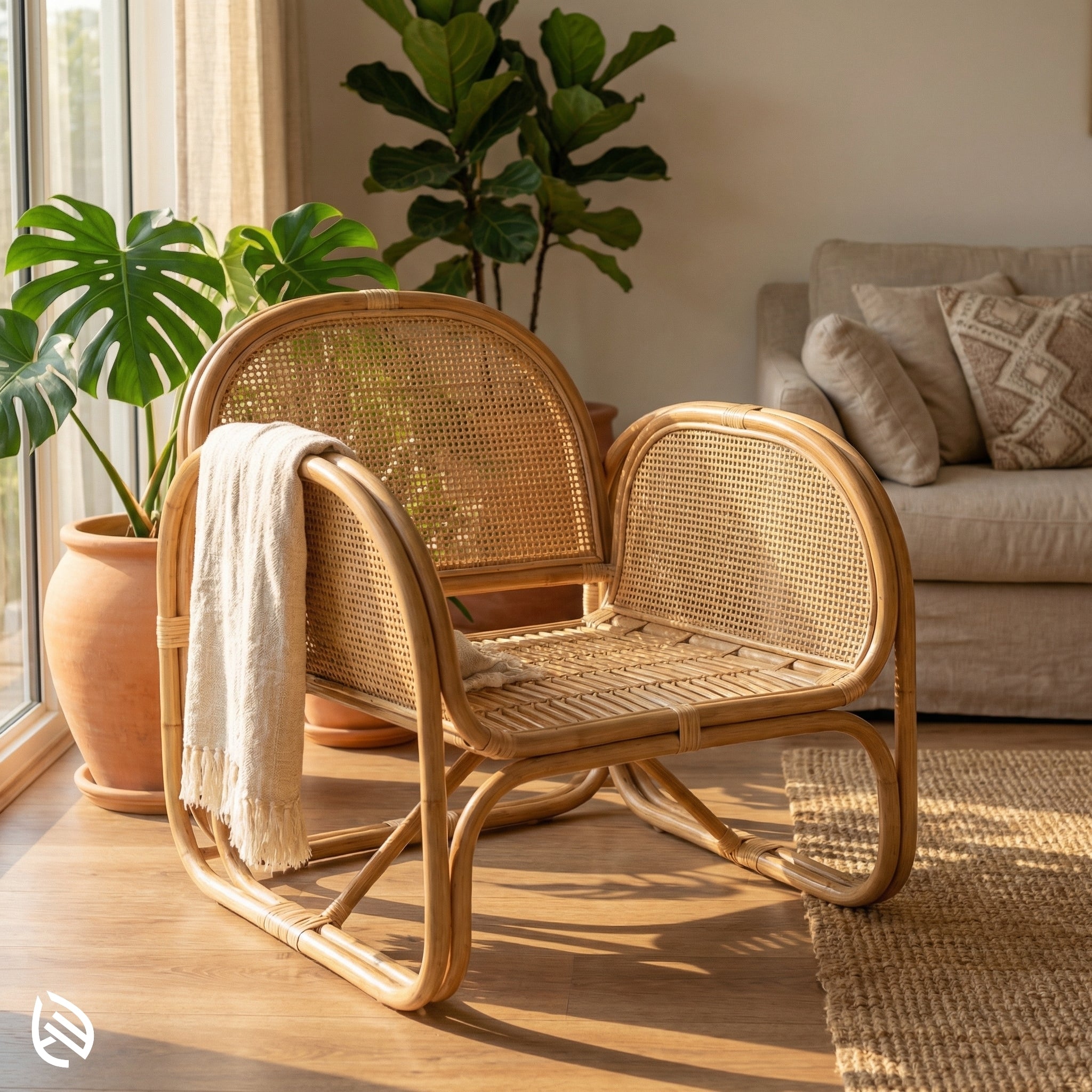 Wicker chair with a blanket in a living room setting with plants and a sofa.