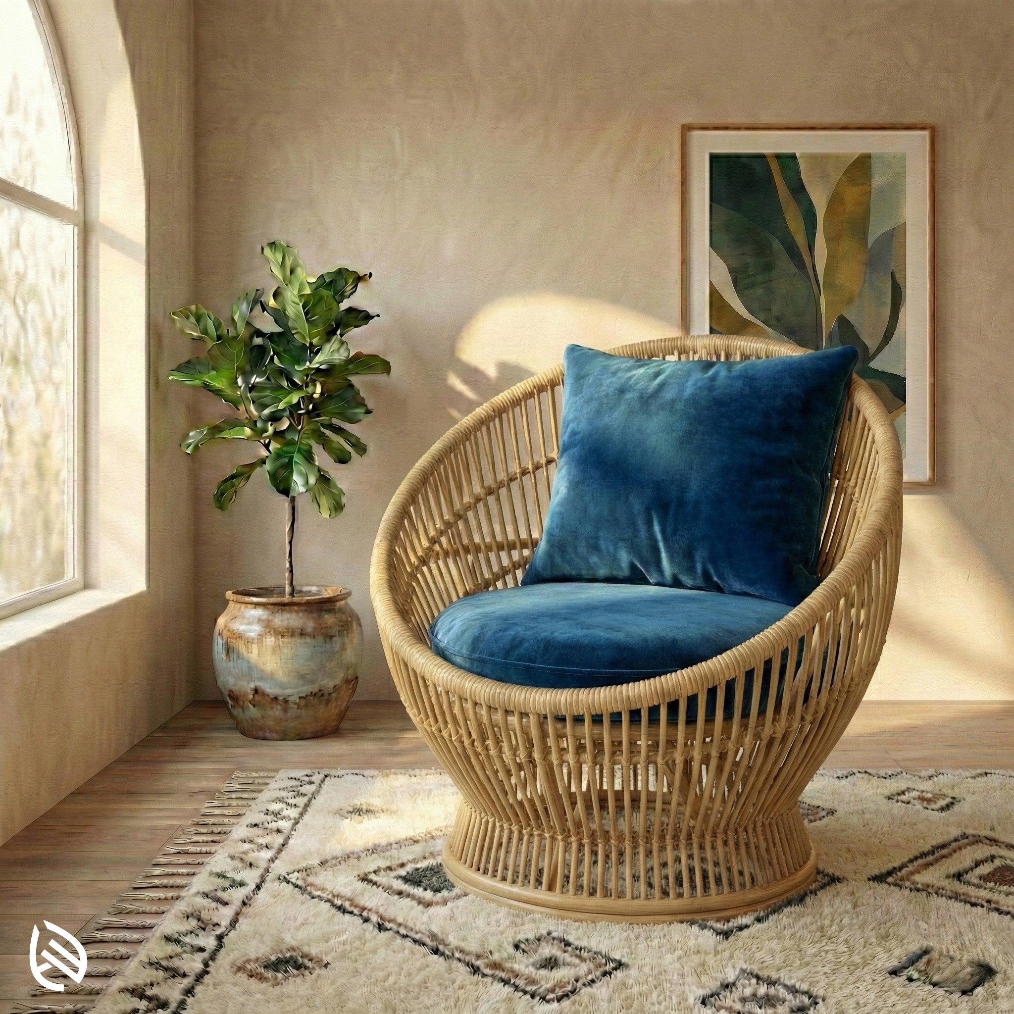 Wicker chair with blue cushion and plant in a sunlit room